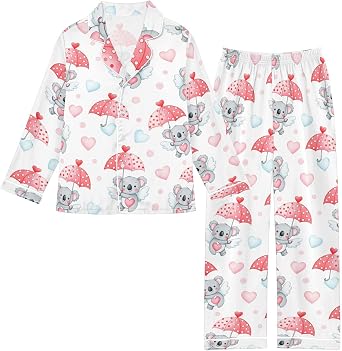 Satin Pajama Sets Long Sleeve Cute Koala Angels Hearts Button Down Silky Nightwear 2 Piece PJS 5-14Y,