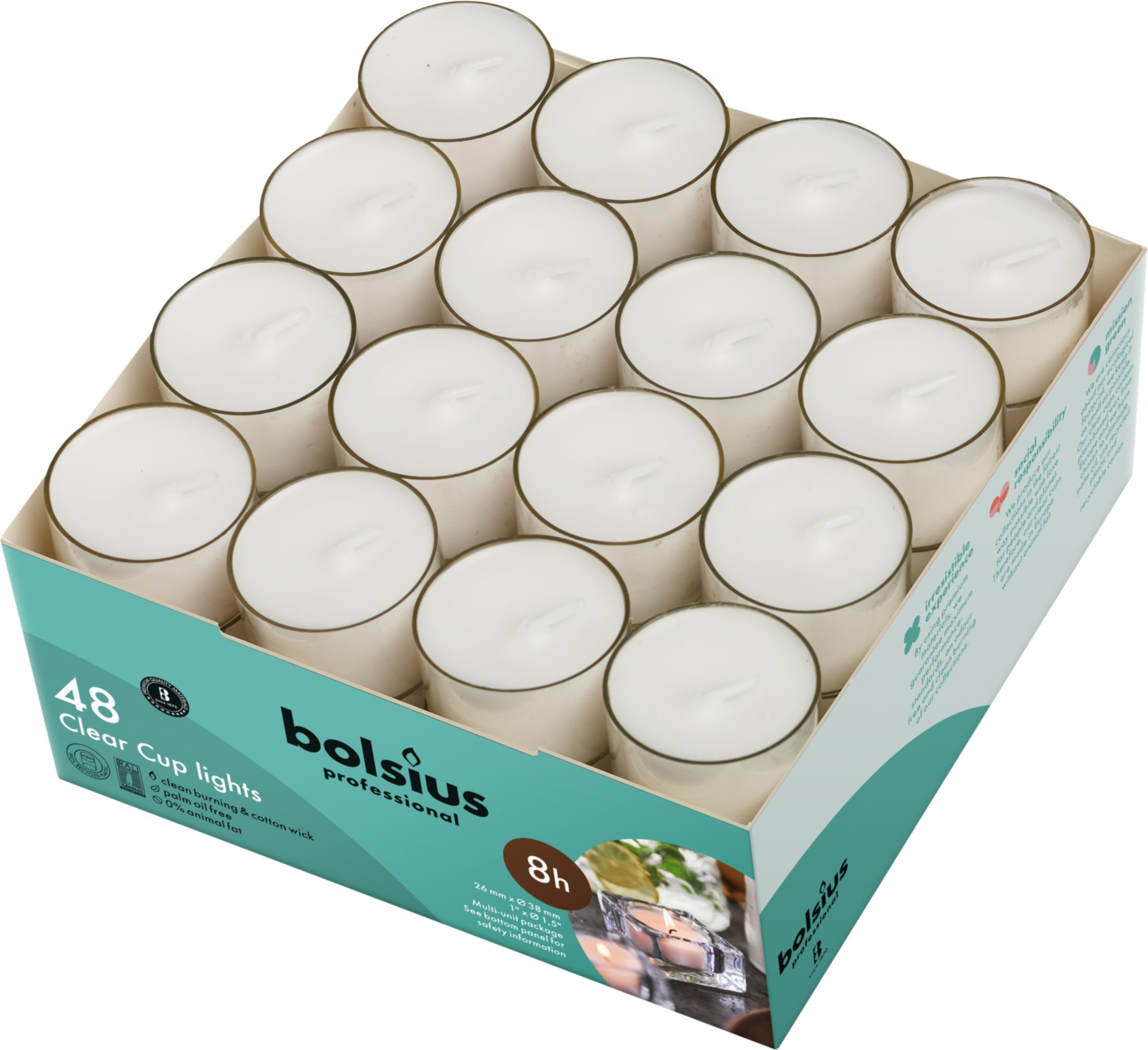 Genuine Tea Light Candles in Clear Holder Cups Bulk Set of 48 Long Burning 8hr, Unscented, for Mood, Dinners, Parities, Home, Decoration, Wedding, Crafts, White