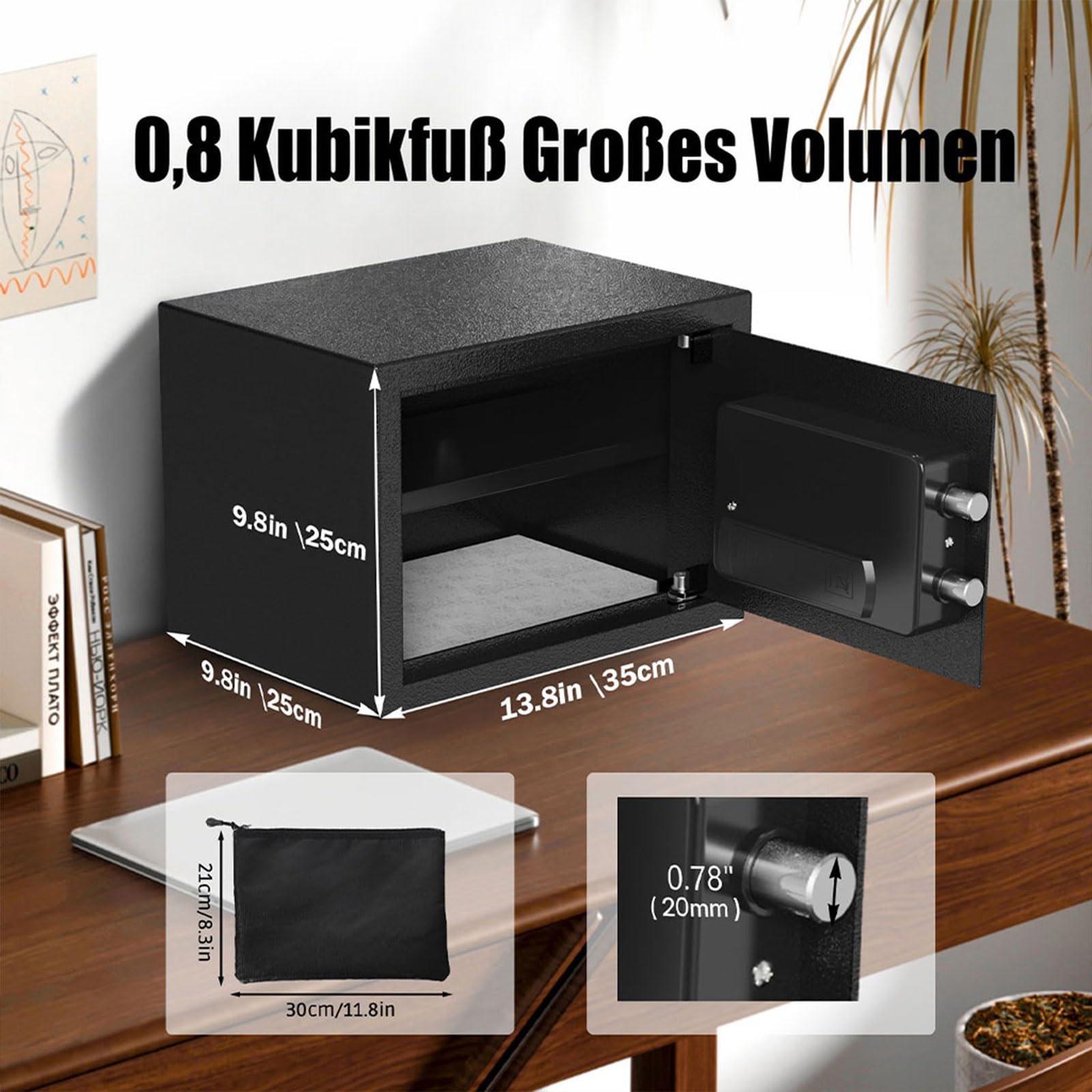 22L Safe Tresor für Zuhause, Möbeltresor feuerfest mit Schlüssel, Alarm & Licht, herausnehmbarem Einlegeboden, wandmontierbar, ideal für Zuhause, Büro und Hotel