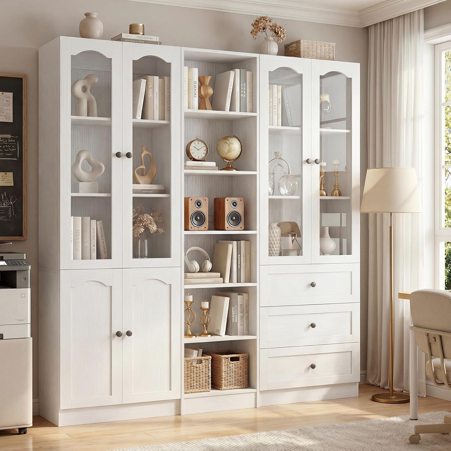 Cyclysio 80" Tall 3-Piece Pantry Cabinet Set, Large Kitchen Storage Cabinet with Arched Glass Doors, 3 Drawers & Open Shelving, Flush-to-Wall Bookshelf with Baseboard Cutout for Living Room, White