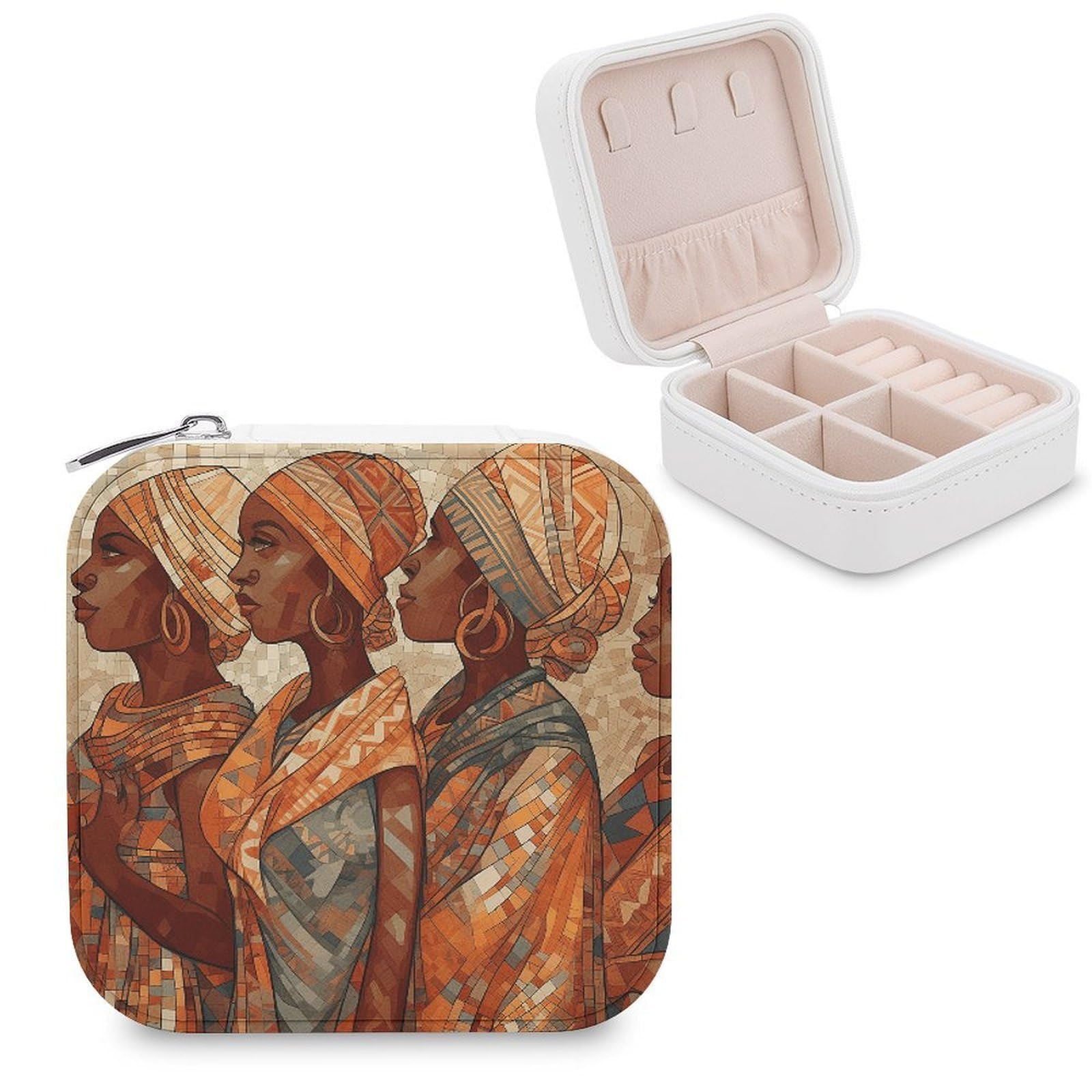 VstaDank Africa Ethnic Pottery Travel Jewelry Case Zipper Portable Small Jewelry Box Custom Pu Leather Mini Traveling Jewelry Organizer for Rings Earrings Necklace Bracelet Girls Women