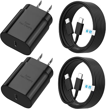 TT&C USB C Super Fast Charger 25W 2-Pack with Type-C Cable 6FT, USB C Block PD 3.0 PPS Adapter Compatible with Samsung Galaxy S26, S25, S24, S23 & iPhone 17/16/15 Black