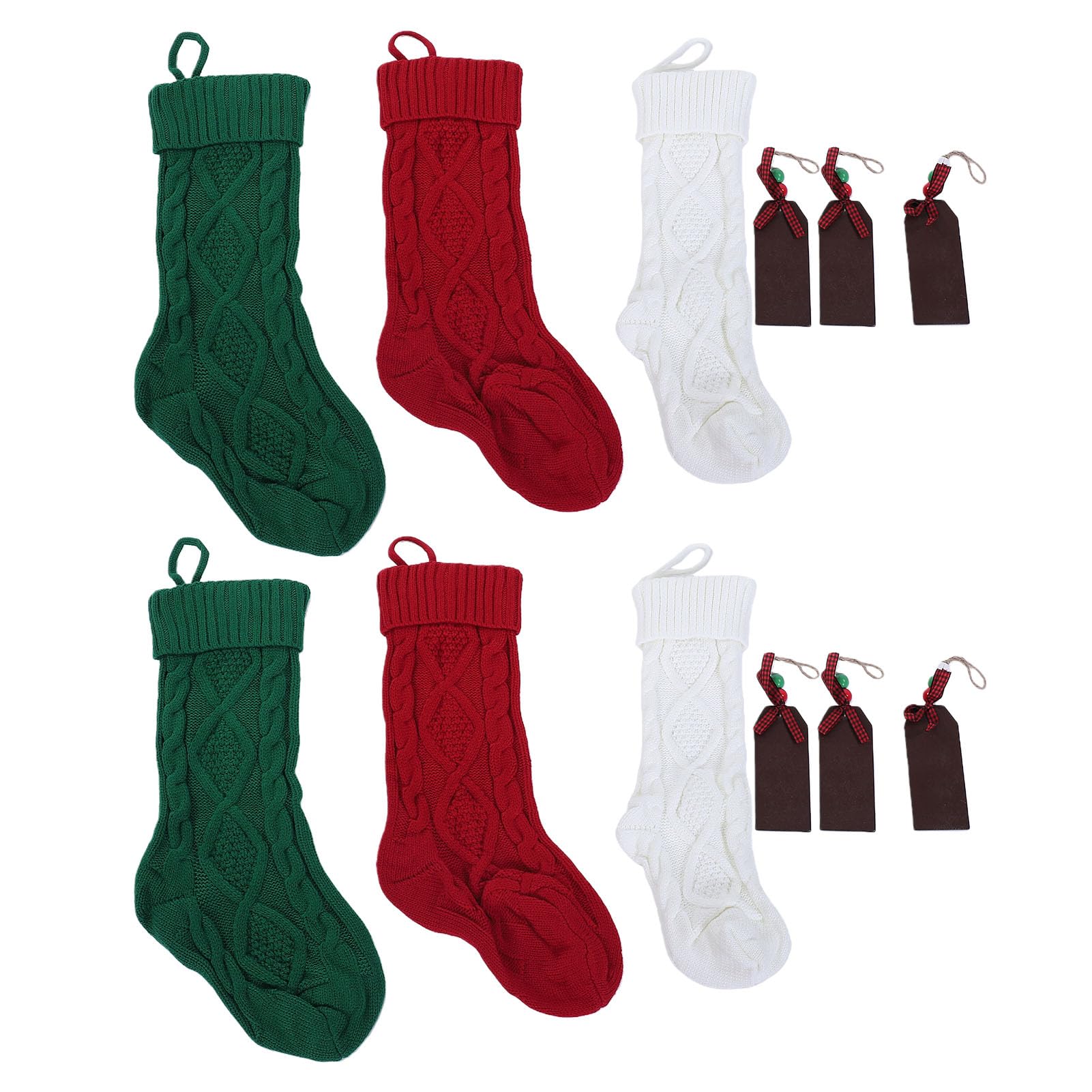 Brrnoo 6er Set Weihnachtsstr mpfe aus gestrickter Wolle gro e h ngende STR mpfe mit Holz Namensschildern in Wei Rot Gr n Festliche f r Kamin Baum Party