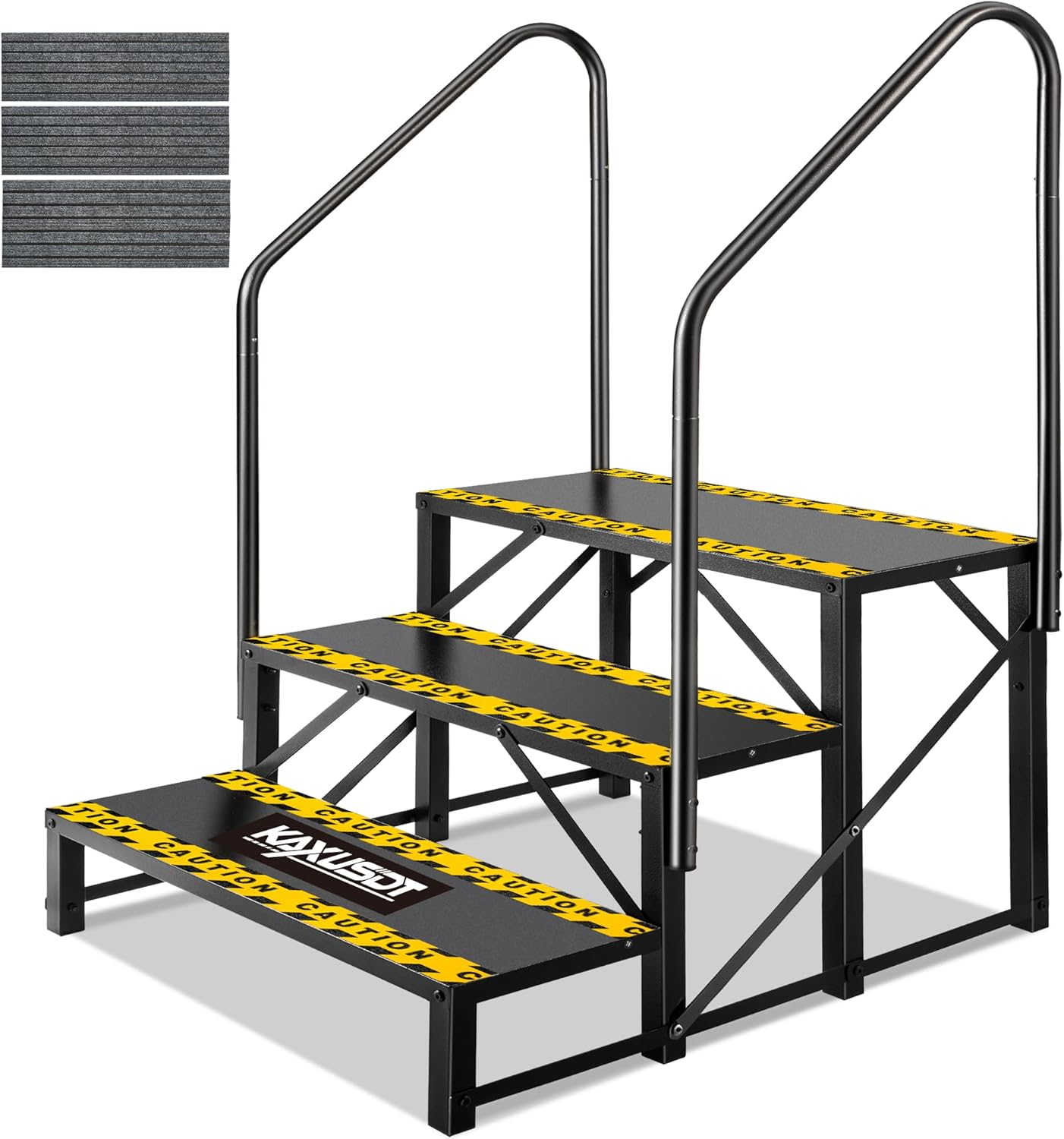 3 Steps Hot Tub RV Steps with Dual Handrail, 𝟐𝟎𝟐𝟔 𝐔𝐩𝐠𝐫𝐚𝐝𝐞𝐝 Portable Mobile Home Stairs Steps with Reinforced Crossbeams on Both Sides, 660lbs, Outdoor RV Camper Entry Steps w/Non-Slip Mats