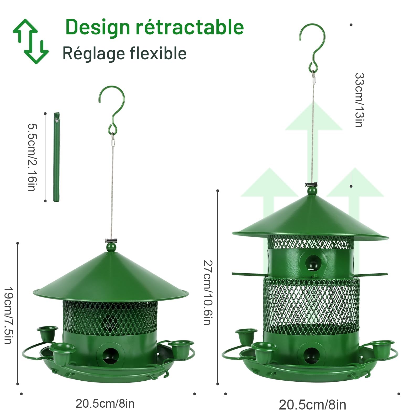 Mangeoire Oiseaux Exterieur Suspendue, 2,5L Metal Mangeoire pour Oiseau Sauvages Imperméable, 360° Alimentation Maison Oiseaux Exterieur pour Jardin (Vert)