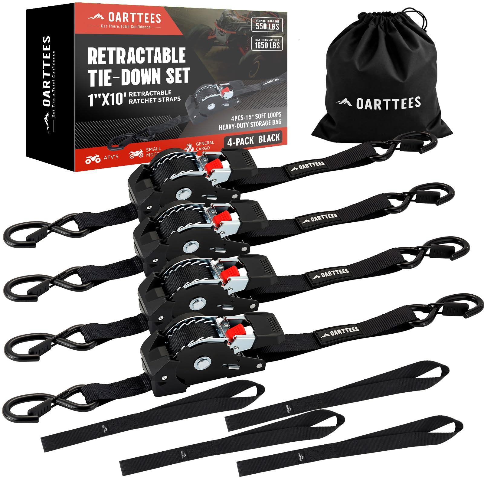 Amazon.com: Retractable Ratchet Straps (4-Pack) - 1in x 10ft,Black