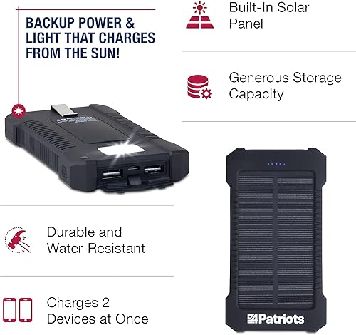 Miniatura 5 de 4Patriots Paquete de 4 pilas de energía Patriot energía solar portátil, batería recargable, 2 puertos USB, batería de polímero de litio de 8,000