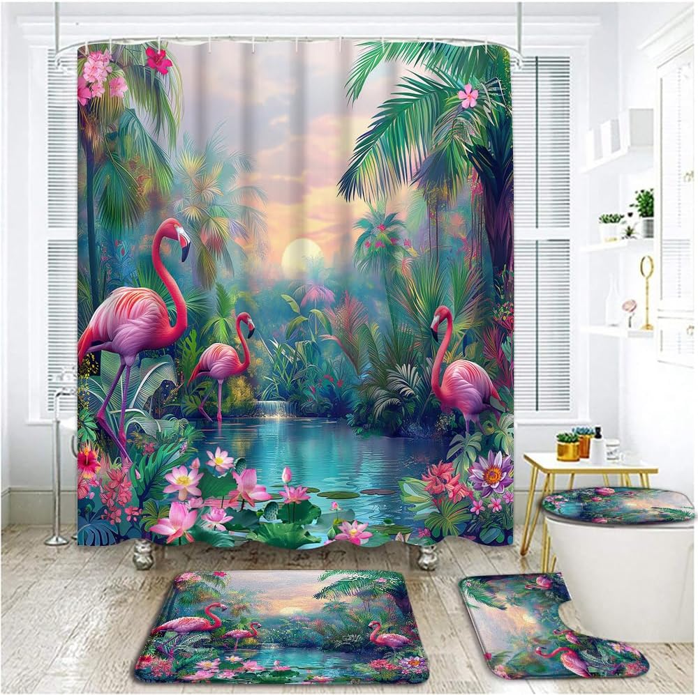 4 Piece Flamingo Shower Curtain Set with Rugs, Toilet Lid Cover ,Watercolor Tropical Birds Rainforest Palm Tree Leaves Floral Exotic Hawaiian Beach Botanical Plant Bathroom Shower Curtain with Hooks