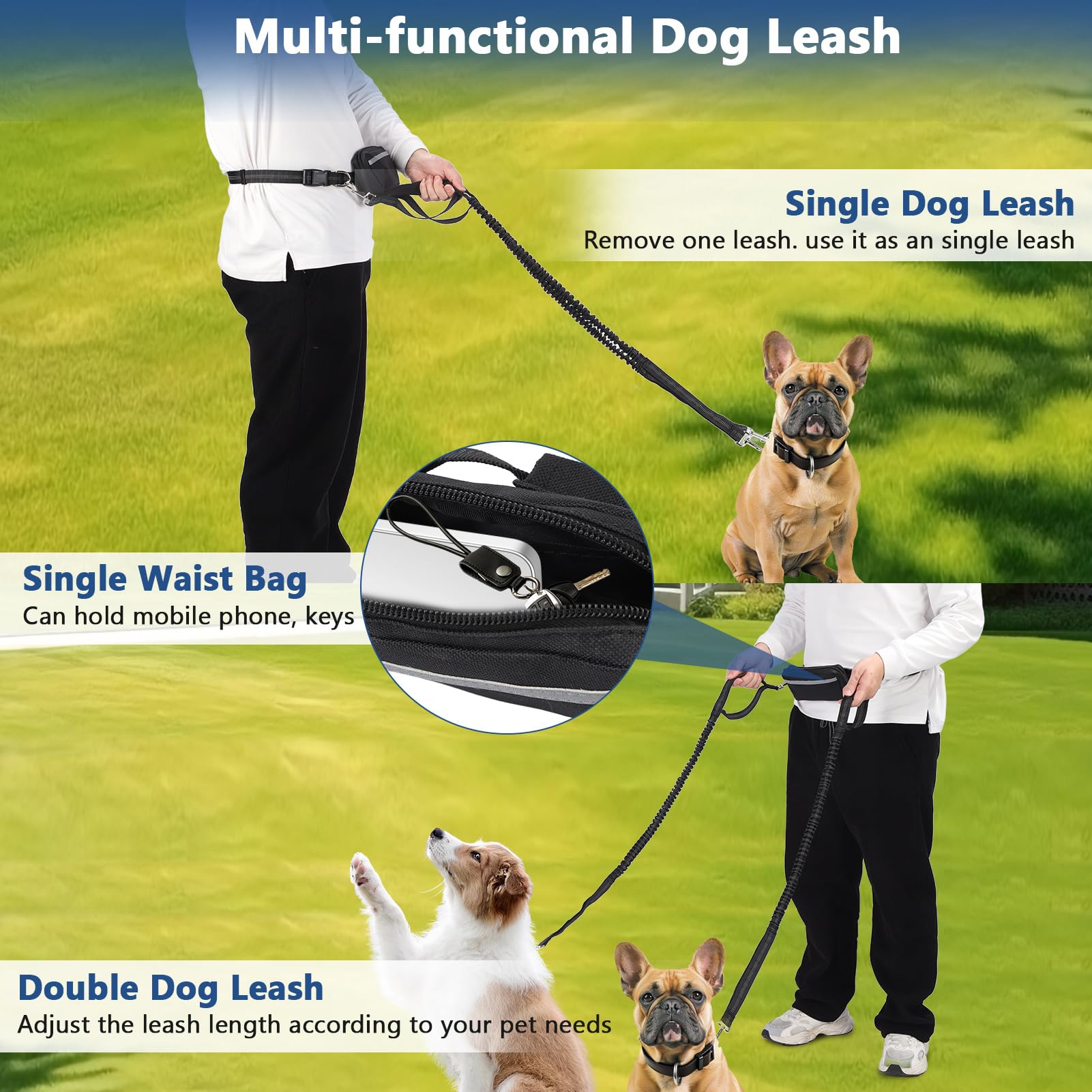 Hands Free Dog Lead, Adjustable Dog Walking Belt for 2 Dogs, Running Dog Lead with Waist Belt and Bag - Image 4