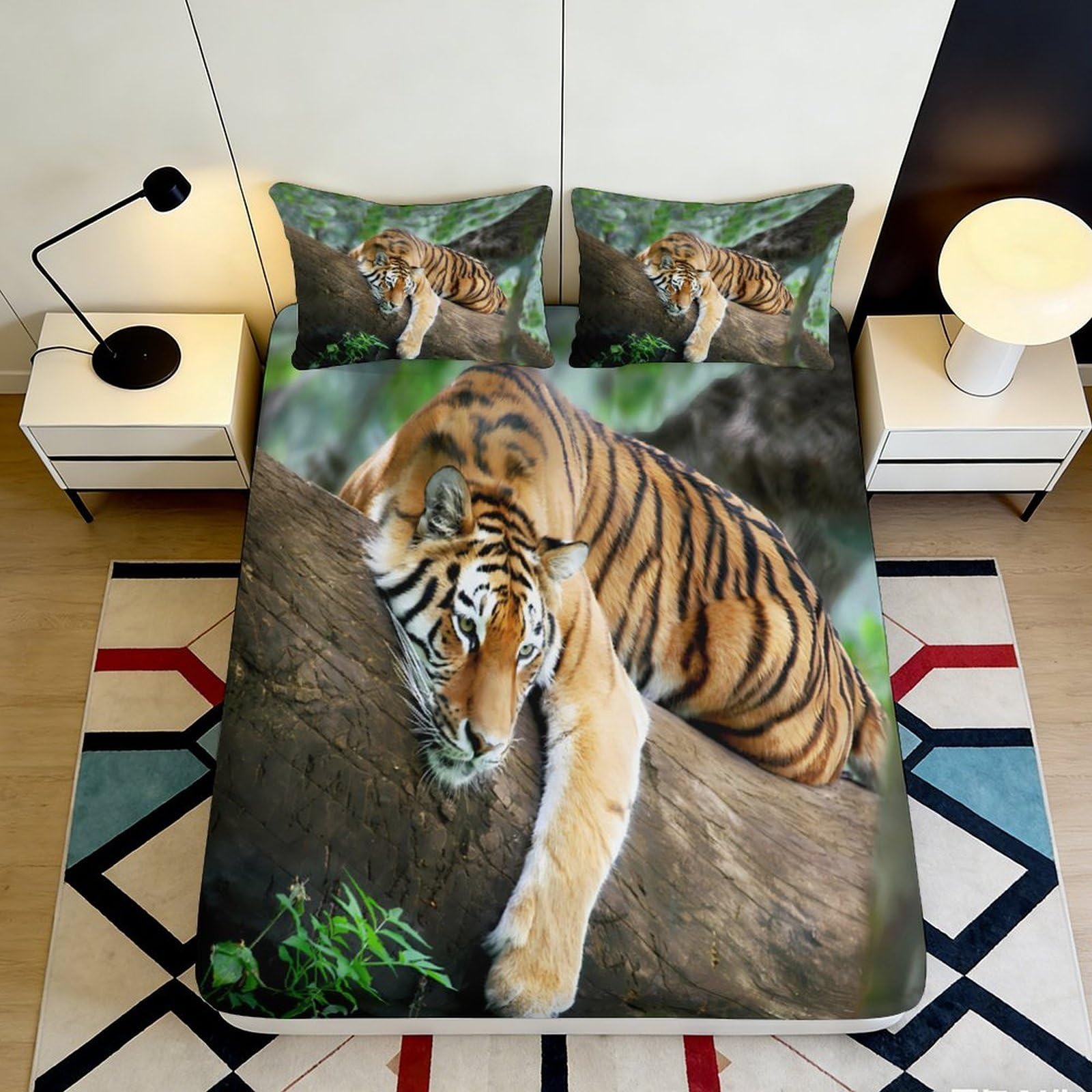 3D Printed Tiger Forest Fitted Sheet Microfiber Soft Anti-Slip Jungle Animal Bed Cover for Bedroom Guest Room Decor 180x200x25cm