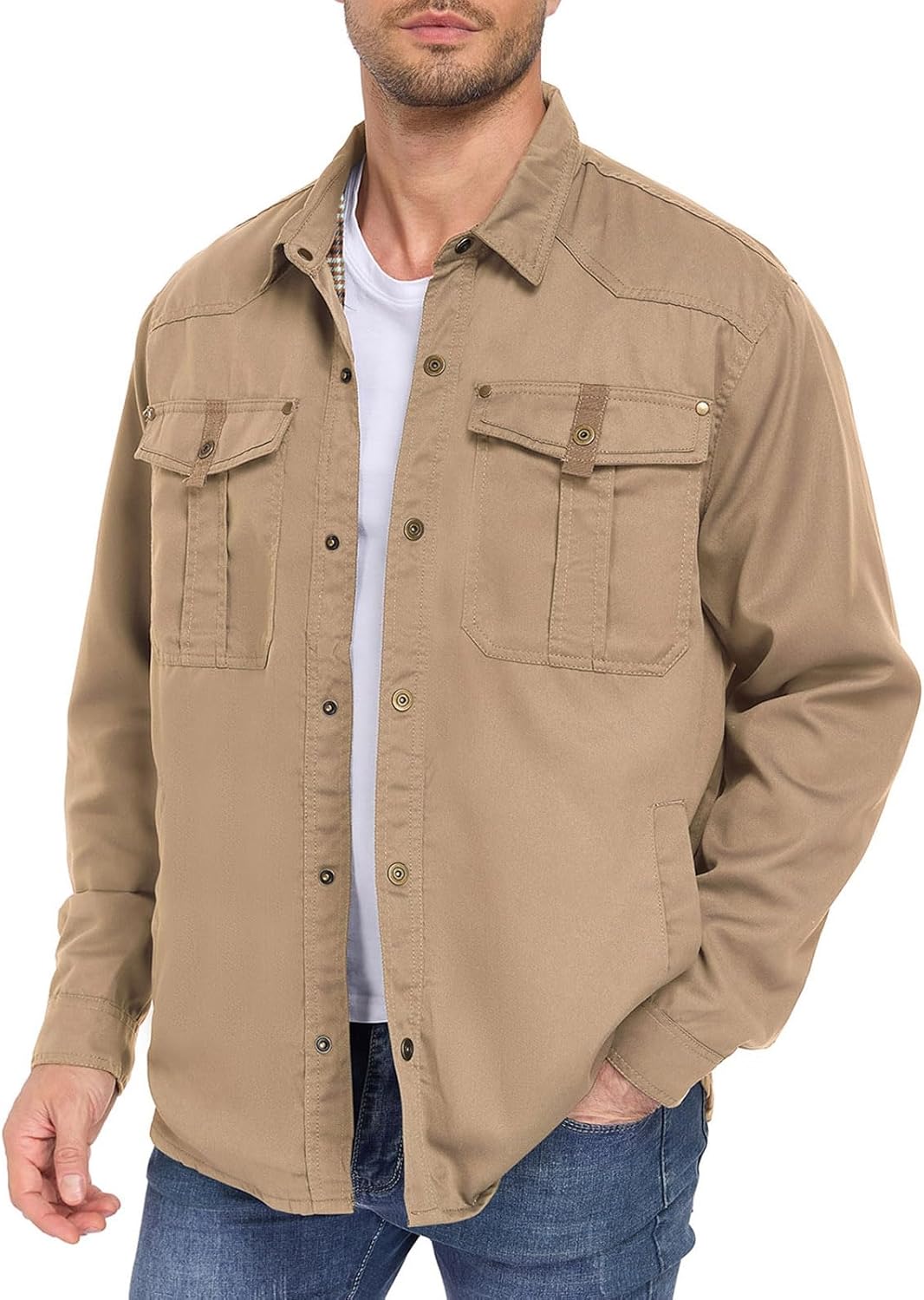 ALSOGO Men's Flannel Lined Shirt Jacket Lightweight Long Sleeved Casual Snap Button Western Cowboy Jackets - Image 3