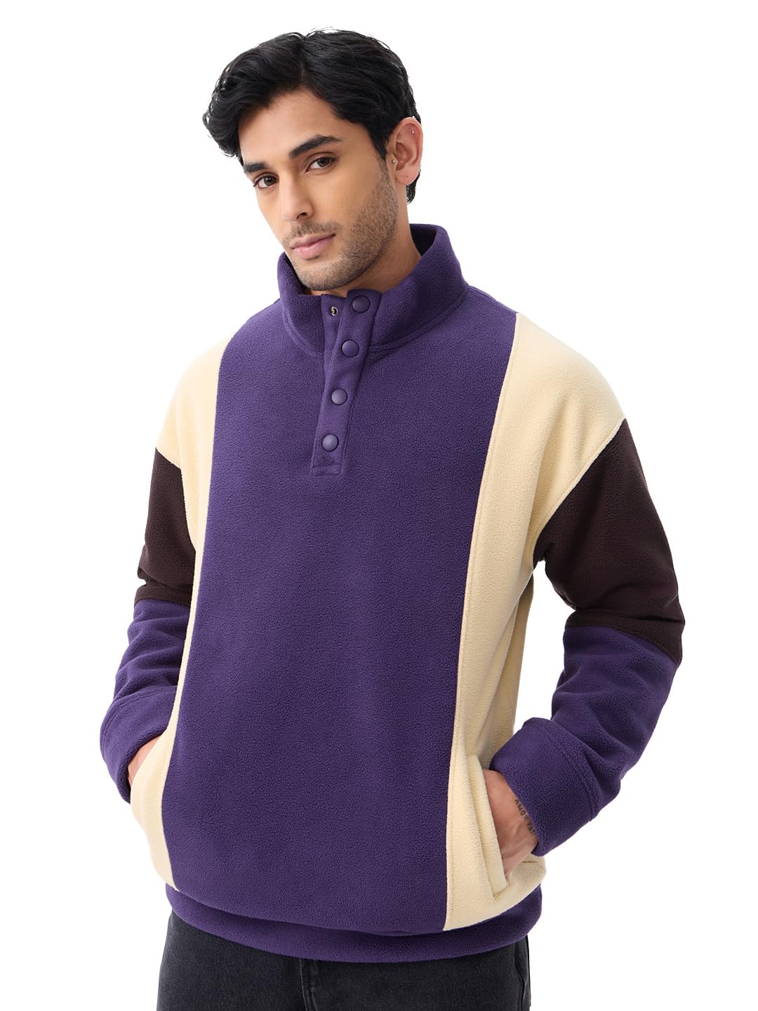 the souled store Oversized Sweatshirt: Dark Berry Men and Boys Long Sleeves Mock Neck Purple Colour-Block Polyester Fleece Soft-Touch Everyday Oversized Sweatshirt-picture-54