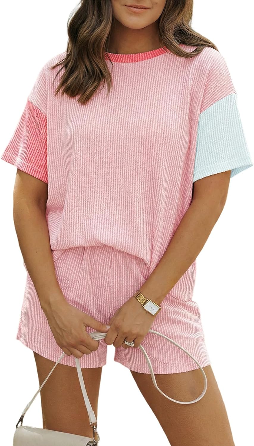 MARZXIN Women 2 Piece Shorts Set 2026 Casual Summer Cruise Outfits Ribbed Loose Short Sleeve Pocket Matching Lounge Sets