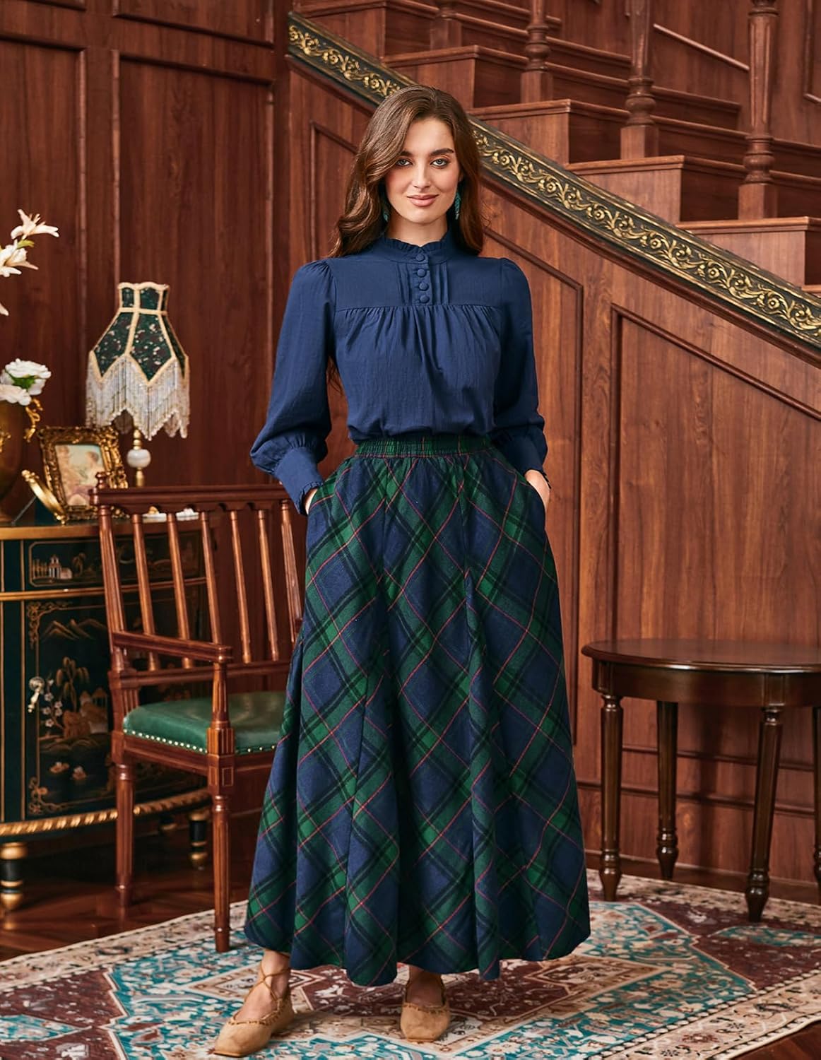 Scarlet Darkness Long Plaid Skirts for Women High Waist A Line Pleated Fall Maxi Skirts - Image 3