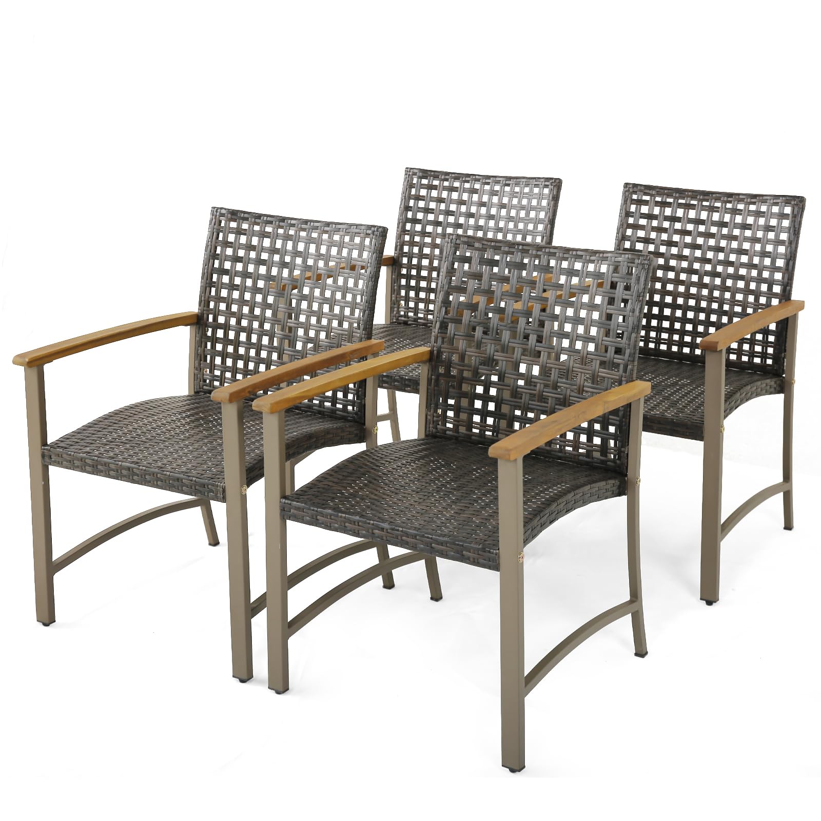 Tangkula Patio Dining Chairs Set of 4, Outdoor PE Wicker & Heavy-Duty Metal Chairs with Acacia Wood Armrests, Outdoor Rattan Armchairs for Garden,