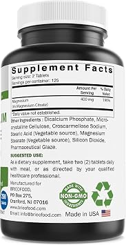 Brieofood Magnesium Citrate 400 mg (Elemental Mg) per Serving - 250 Tablets - Muscle Relaxation (Citrato de Magnesio)