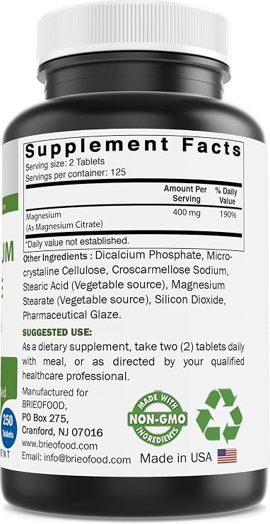 Brieofood Magnesium Citrate 400 mg (Elemental Mg) per Serving - 250 Tablets - Muscle Relaxation (Citrato de Magnesio)