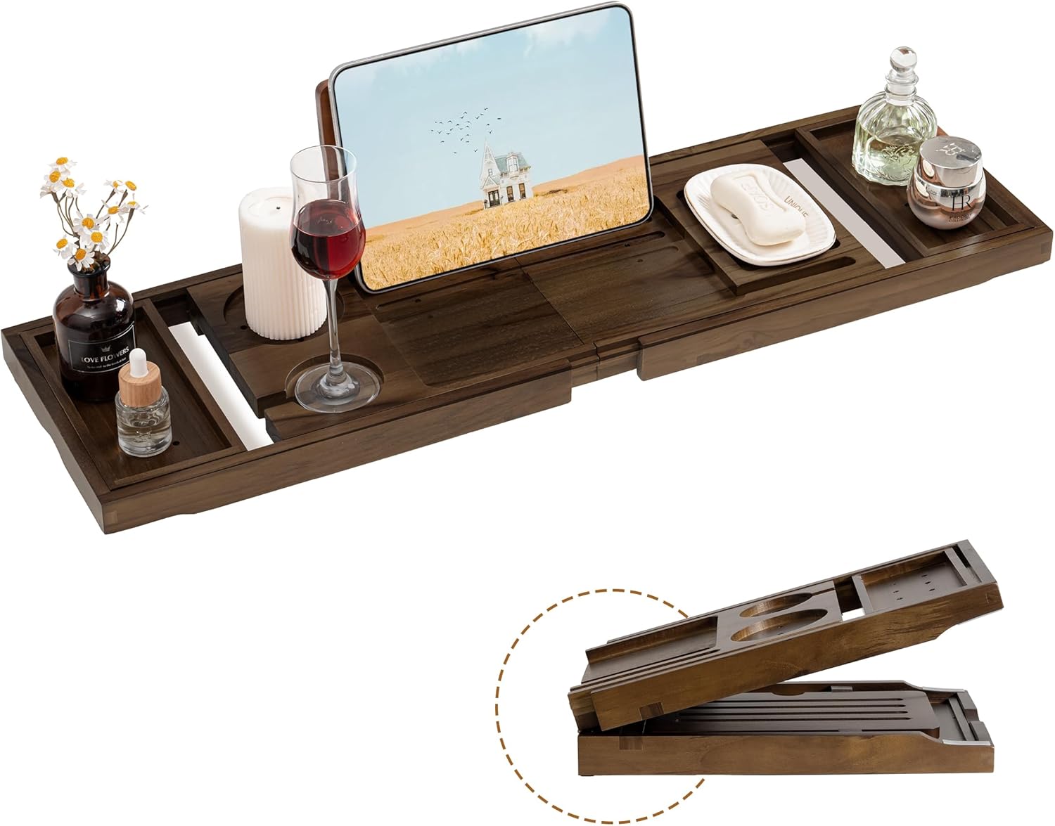 Teak Bathtub Tray, Wooden Tray Caddy for Bathtub, Luxury Bathroom Trays for Home Spa Relaxation, Teak Bathtub Caddy as Housewarming, Wedding Gifts for Women (Walnut Teak)