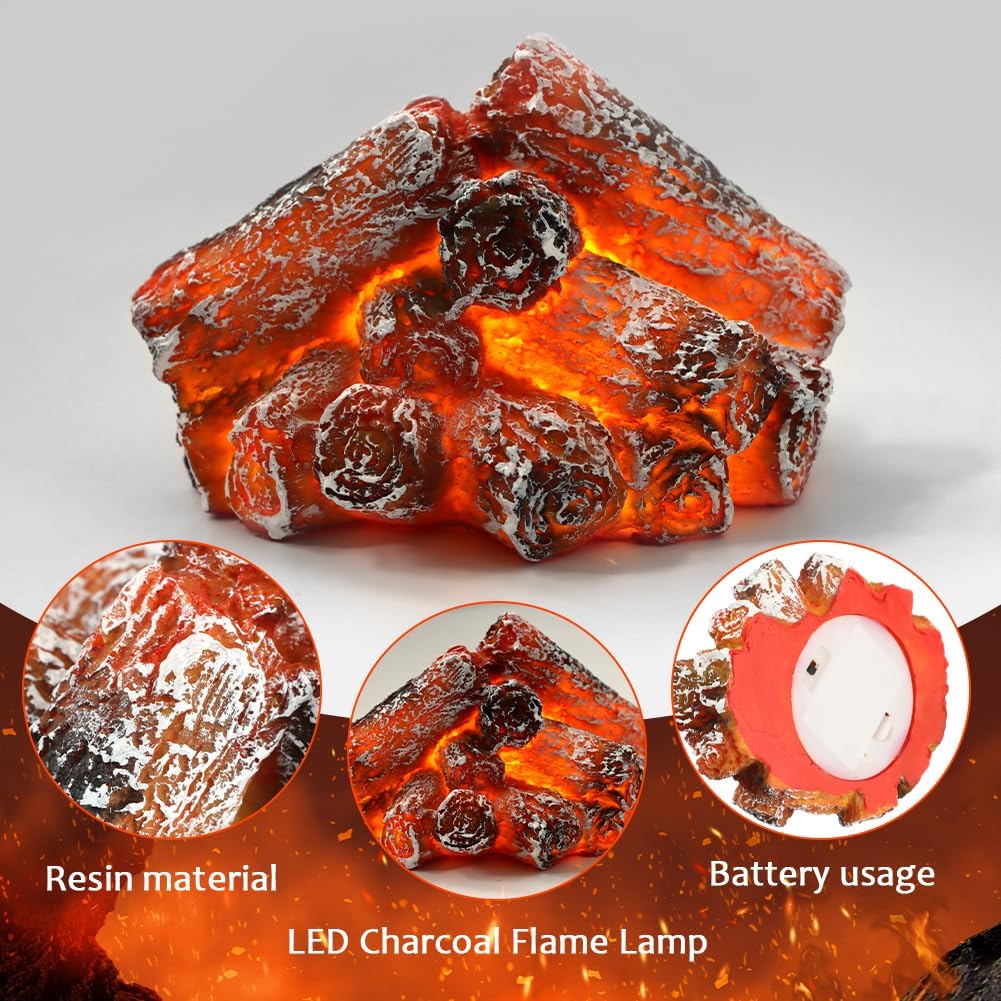 LED Simulation Charcoal Flame Lamp, Battery Powered Electronic Flameless 3D Artificial LED Firewood Burning Flame Lamp Fake Charcoal Light for Home Decor Christmas Ornament
