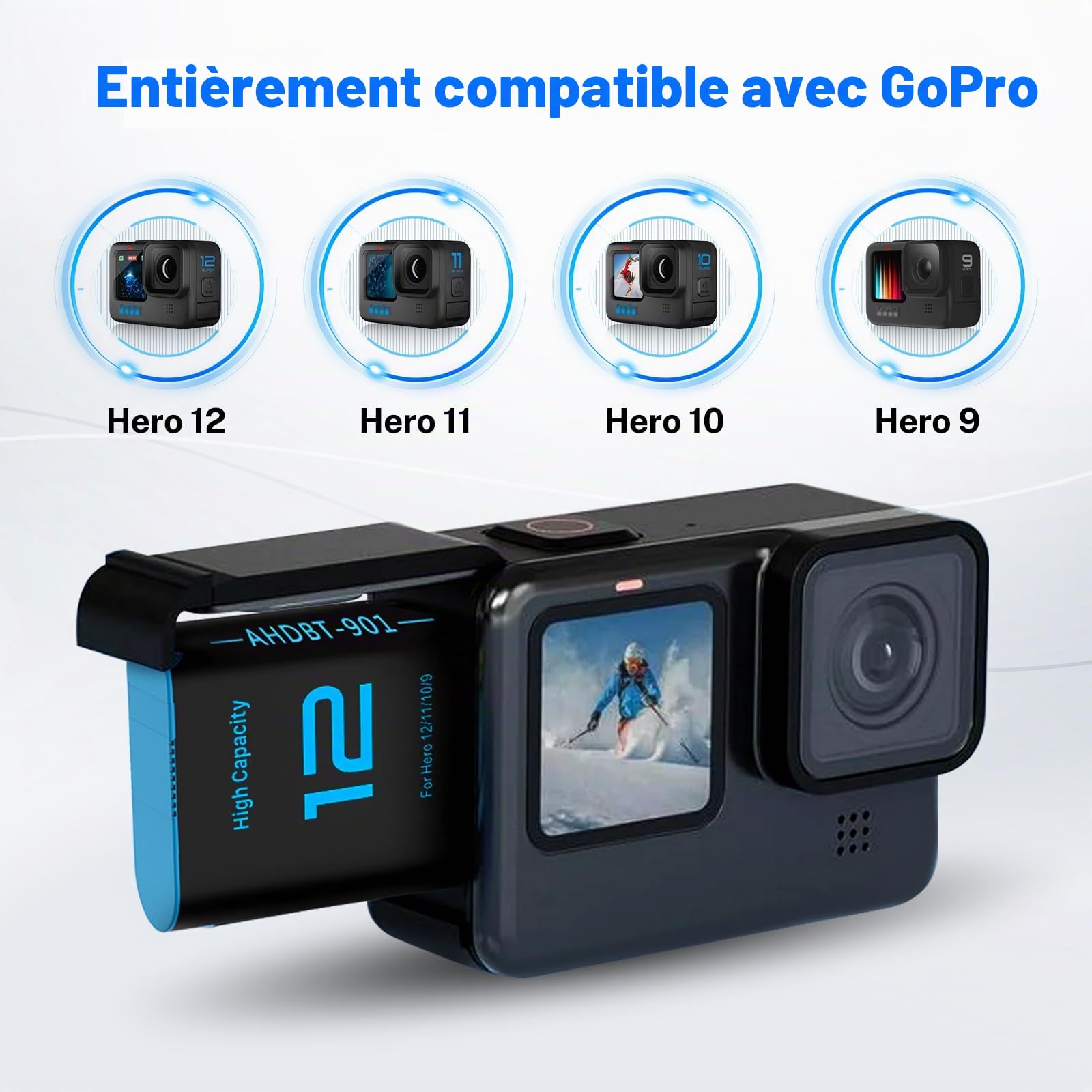 3 pièces de batteries de remplacement de 2580mAh pour GoPro Hero 12/11/10/9 avec station de charge USB-C à 3 canaux Type-C