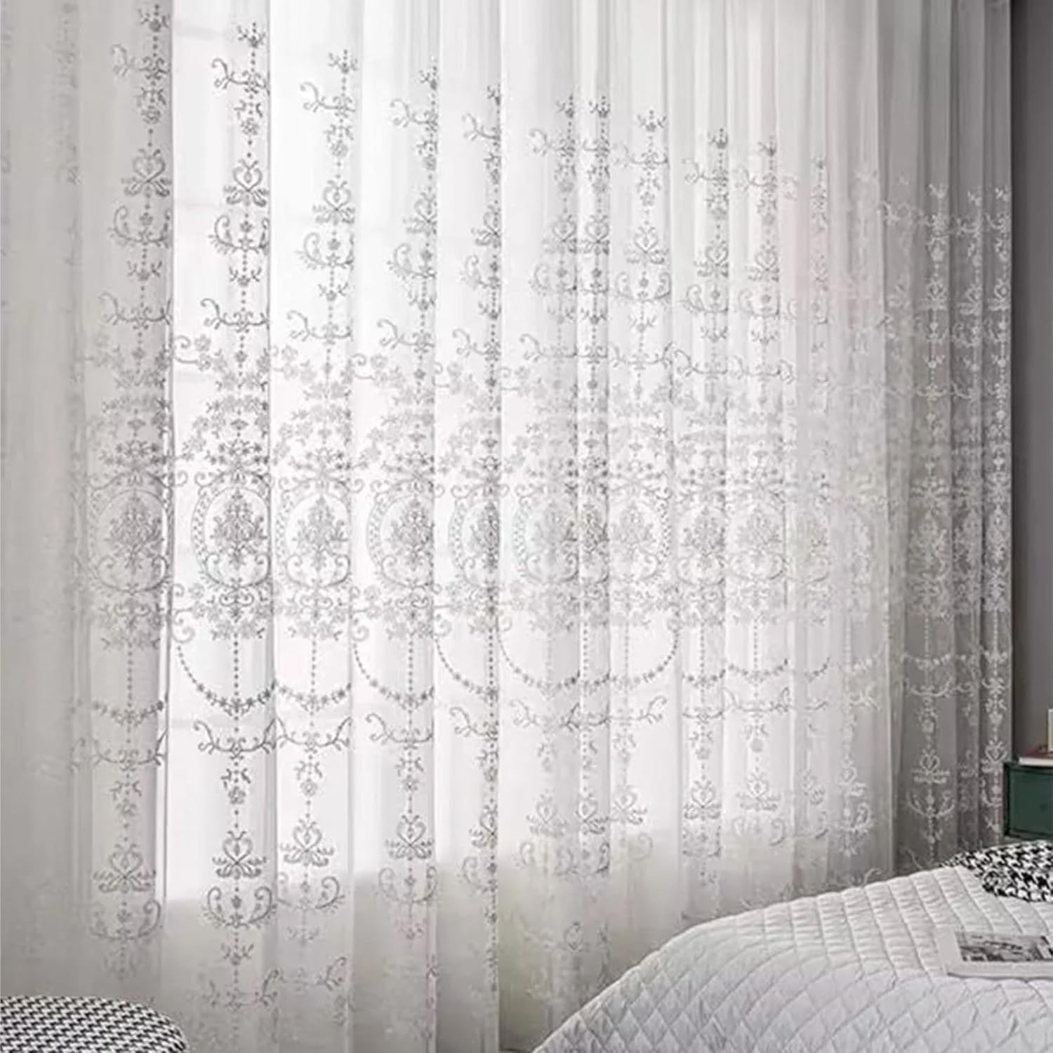 Solid Blackout Curtains for Bedroom Sheer Curtains White Embroidered Floral Voile Drapes for Living Room Bedroom(260x140cm)