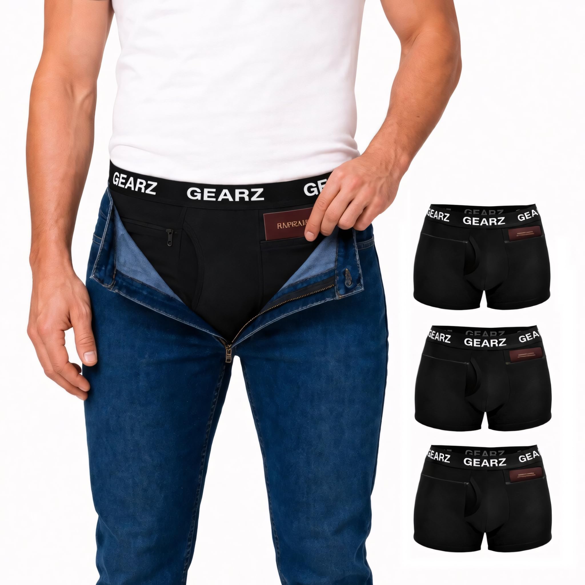 GEARZ - Pack 3 Boxers Hombre Anticarteristas - Lote 3 Calzoncillos de Viaje antirrobo con Bolsillos de Seguridad - Ropa Interior Segura algodón Negro Deporte
