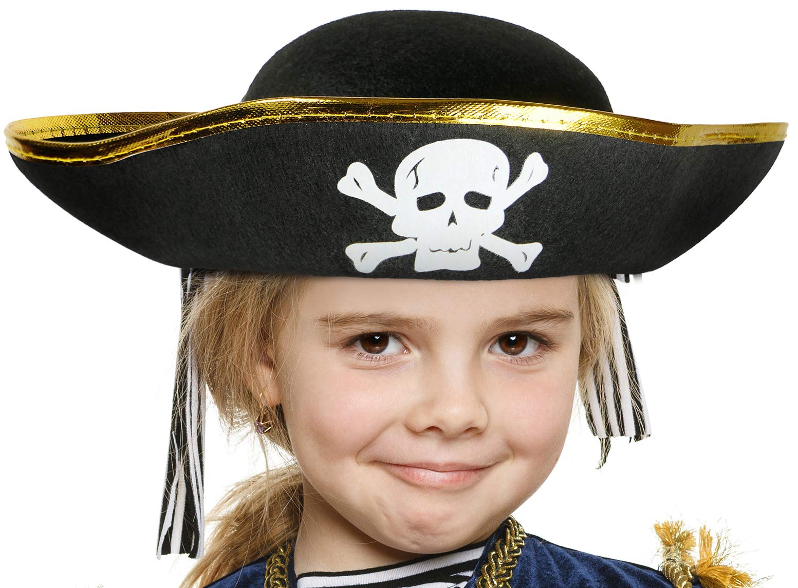 Balinco Pirate hat black with golden rim and skull for children - costume accessory for girls & boys for fancy dress/carnival