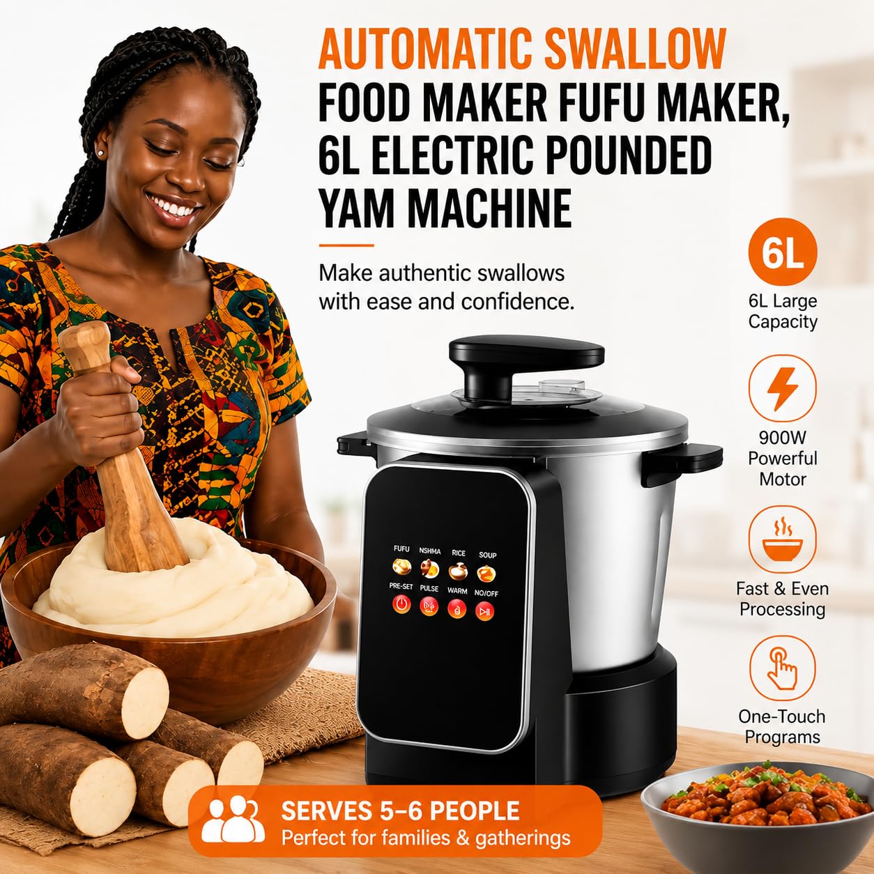 6L Electric Swallow Maker, 900W Automatyczna maszyna Fufu dla Ugali Amala Bank.Mikser Yam ze stali nierdzewnej z cyfrowym panelem dotykowym.Trwały design dla 5-6 osób.Łatwa czysta nieprzywierająca mis
