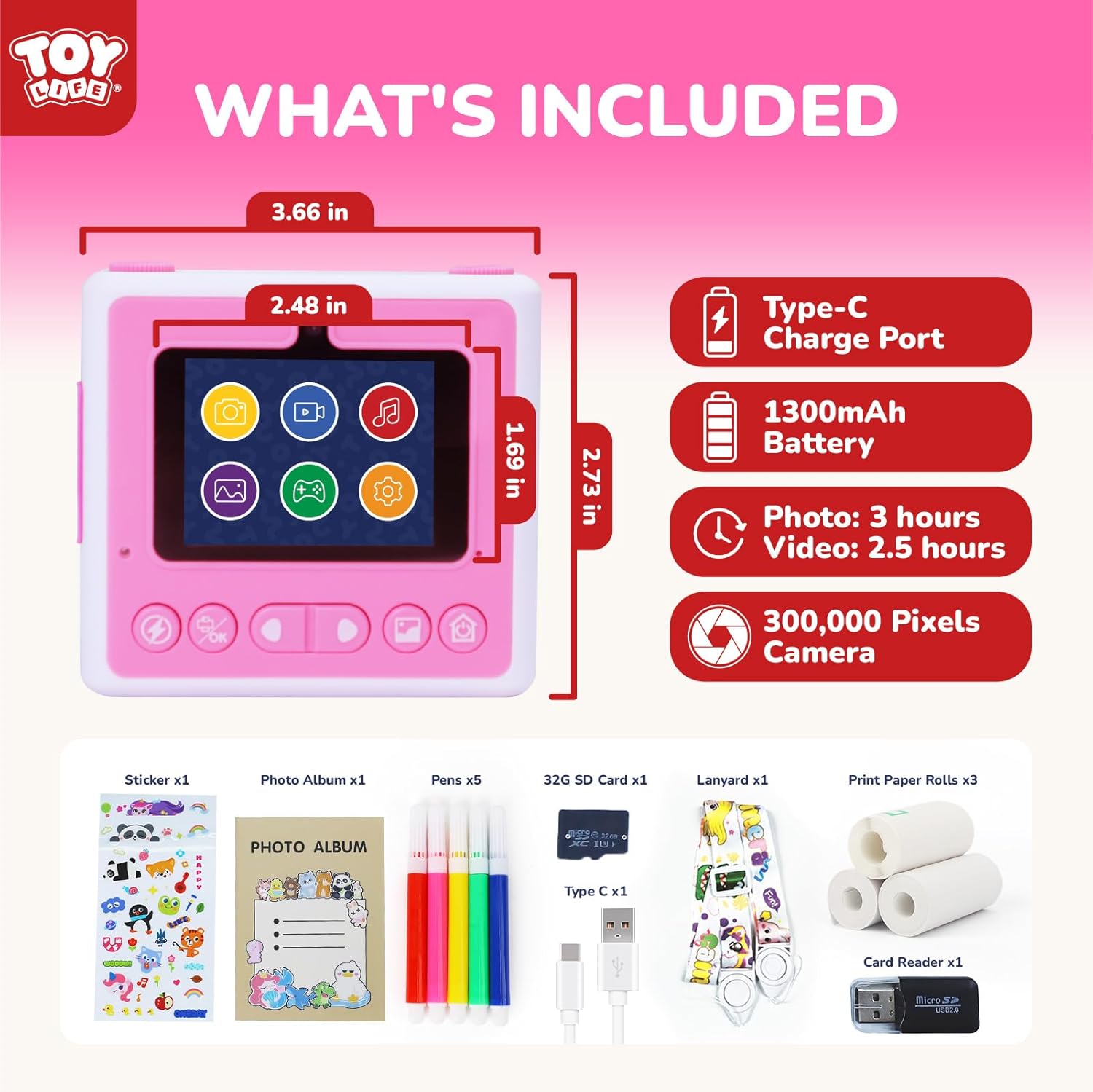 Instant Print Camera for Kids,2.4 Inch Screen Kids Instant Cameras, Christmas Birthday Gifts for Girls Age 3-12, Portable Toddler Toy for 3 4 5 6 7 8 9 10 Year Old Girls Boys Pink - Image 3