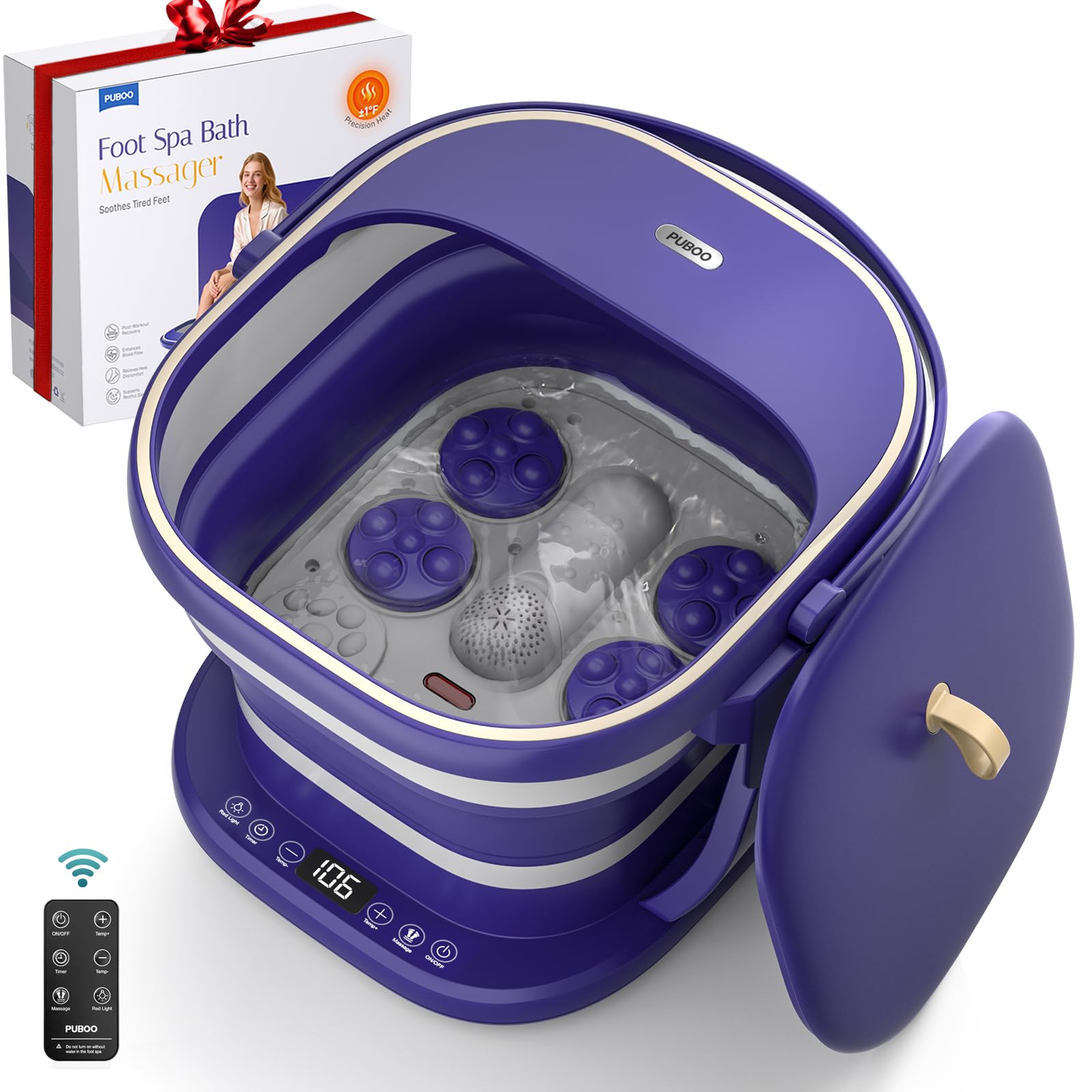 Puboo Electric Foot Bath Massager with Remote, 16 Motorized Massage Balls Purple