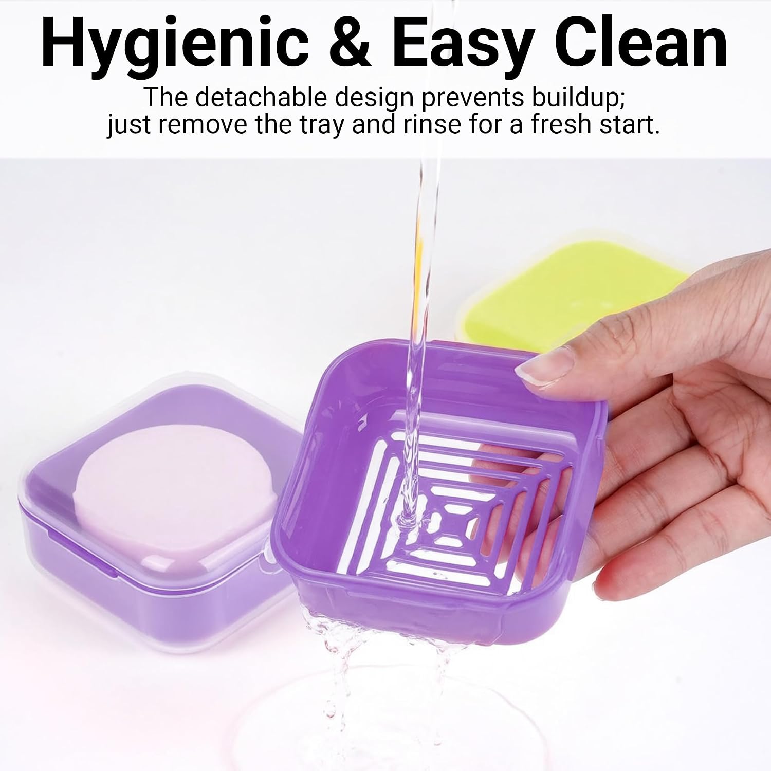 Adorila Soap-dishes 2 Pack, Small Travel Plastic Soap Case with Lid, Leak-Proof Soap Container, Square Green, Purple