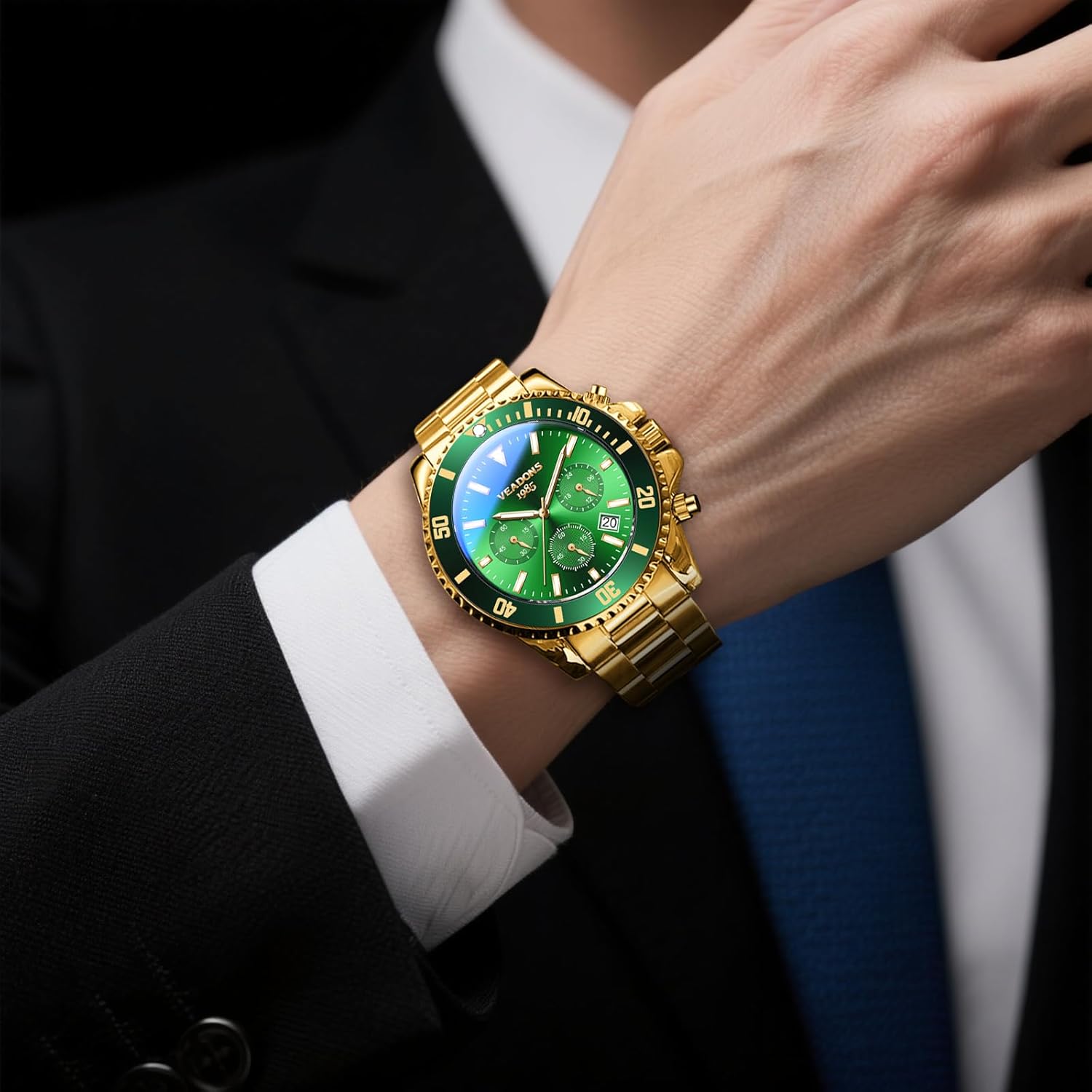 Mens Green and Black Dial Watch Luminous Quartz Analog Watch Men Waterproof Dress Watches, Stainless Steel Chronograph Wrist Watches Gifts for Man, Men's Big Face Watches Reloj De Hombre