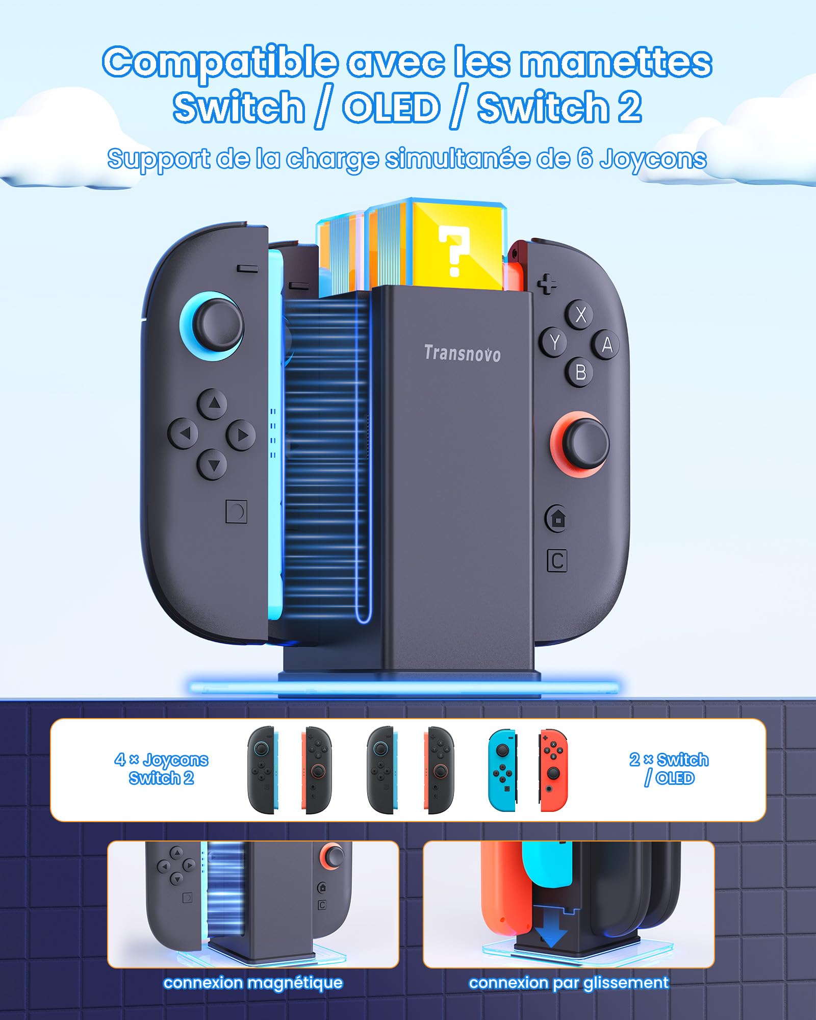 6-en-1 Chargeur pour Nintendo Switch 2 / Switch/OLED, Chargeur Manette Switch avec Système de Charge Double Magnétique & Rail, 9 Modes RGB & 4 Niveaux de Luminosité, Accessoires Joycon Switch 2/1