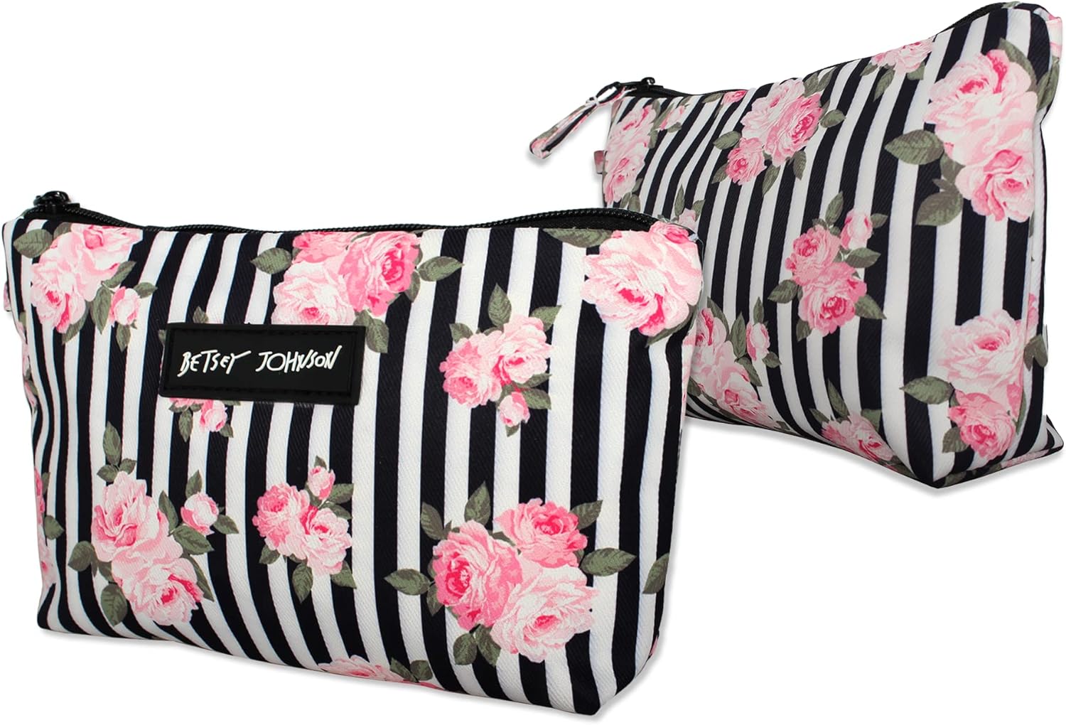 Betsey Johnson 8.5 Inch Zipper Cosmetic Pouch Small Toiletry Bag Lightweight Durable Polyester Organizer with Inner Zipped Pocket Good For Makeup Accessories and Travel Needs (Stripe Roses)