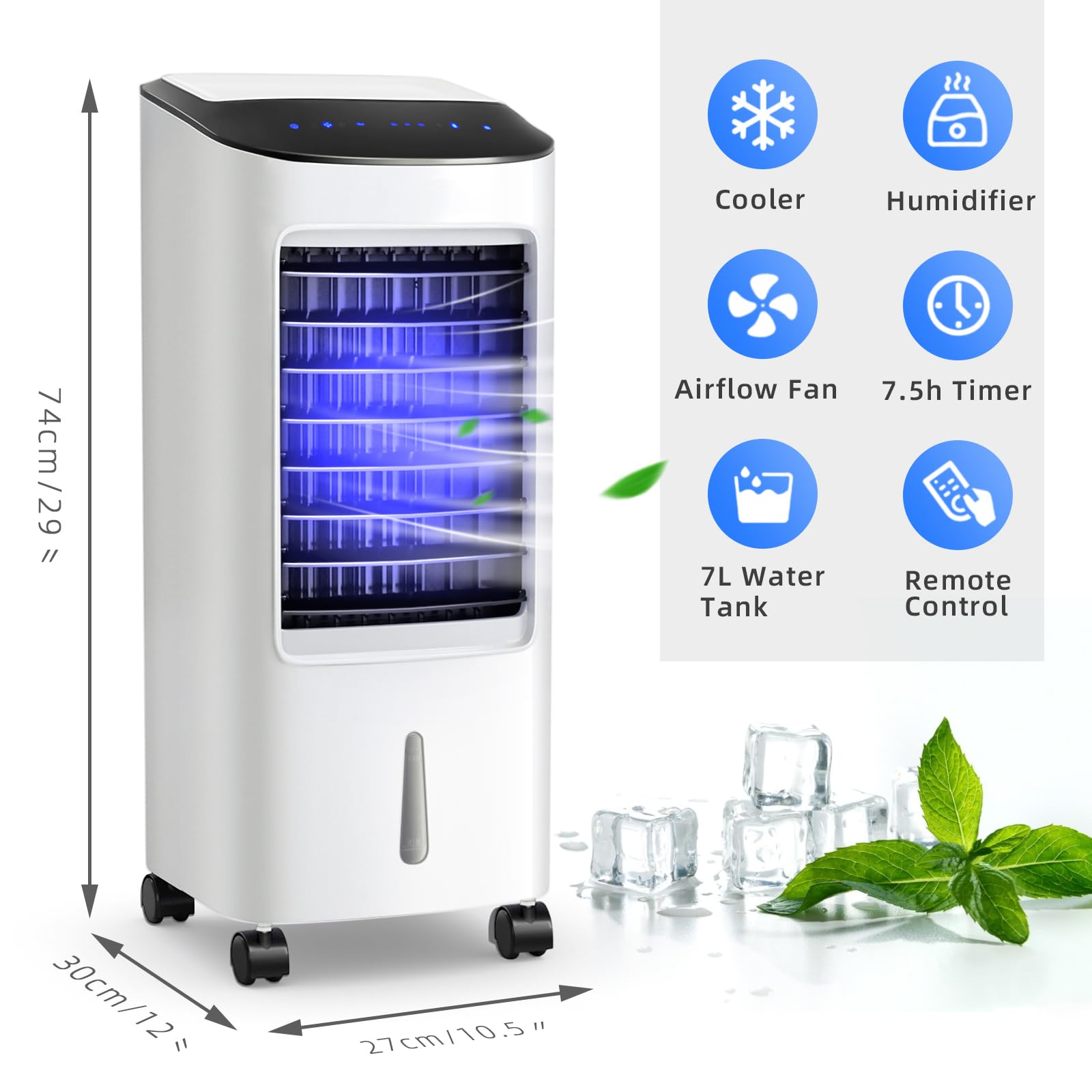 SOARS Ventilateur Rafraichisseur d'Air 65W, 3 en 1 Refroidisseur d'Air, Ventilateur, Humidificateur, 3 Vitesses, Minuterie 7,5H, Réservoir d'Eau 7L, Télécommande, pour Chambre, Salon, Bureau