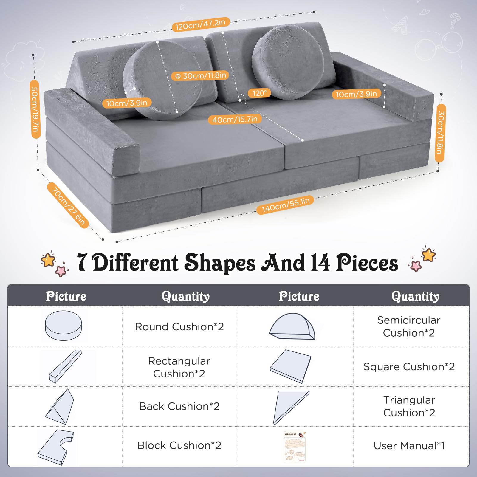 14-teiliges Kindersofa-Set, Weicher Flanellstoff, Kinderspielsofa, Umwandelbares Kindersofa Geeignet für Schlafbereich und Spielzimmer (Grau)