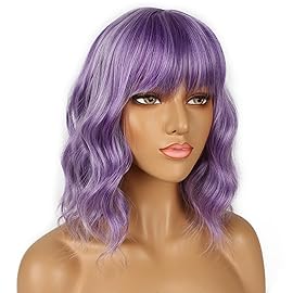 LANCAINI Short Bob Wigs with Bangs for Women Loose Wavy Wig Curly Wavy Shoulder Length Bob Synthetic Cosplay Wig for Girl Colorful Costume Wigs (Violet)