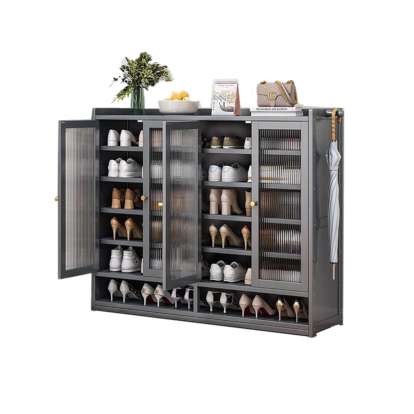 Meuble à chaussures en bambou gris 120cm avec portes pour l'entrée