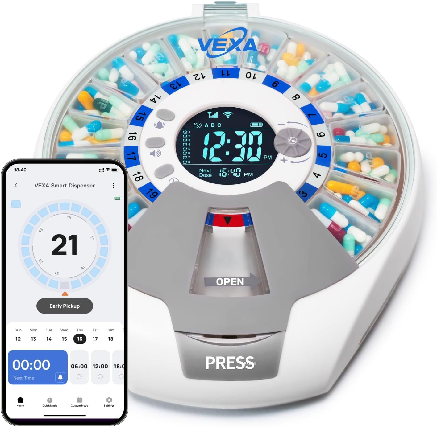 VEXA VitaMate Pro 21 WiFi Smart Pill Dispenser with Exclusive Self-Developed App, Automatic Rotating & Rising Containers, Remote Caregiver Alerts, Sound/Light Reminders for Meds & Supplements