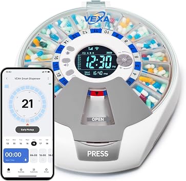 VEXA VitaMate Pro 21 WiFi Smart Pill Dispenser with Exclusive Self-Developed App, Automatic Rotating & Rising Containers, Remote Caregiver Alerts, Sound/Light Reminders for Meds & Supplements