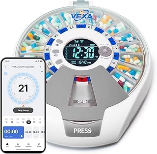 VEXA VitaMate Pro 21 WiFi Smart Pill Dispenser with Exclusive Self-Developed App, Automatic Rotating & Rising Containers, Remote Caregiver Alerts, Sound/Light Reminders for Meds & Supplements