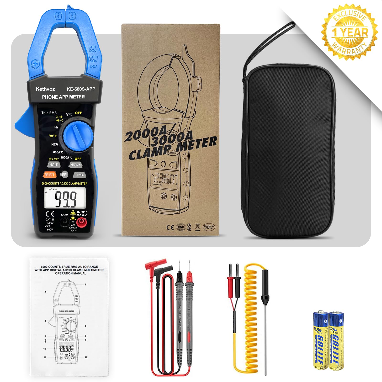 Bluetooth Pinza Amperometrica 1000A CC/AC, Kethvoz Multimetro Professionale Misura AC/DC Elettrica Corrente Tensione Resistenza Capacità, 6000 Conteggi Auto-range Voltmetro Digitale KE-580SAPP