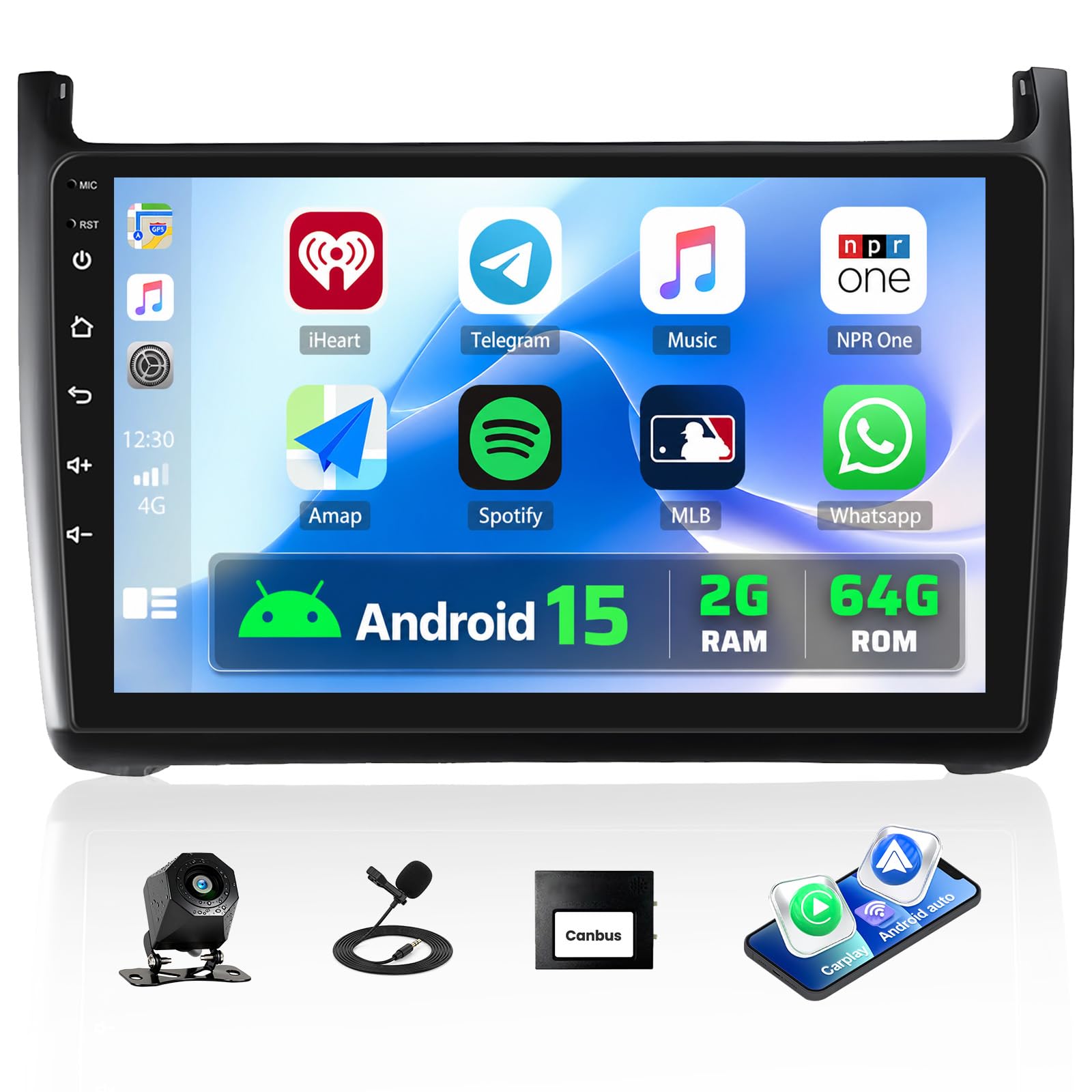 Android 15, 2G+64G CAMECHO Autoradio 2 Din per VW Polo 6R 6C 9N 2008-2016 Carplay Android Auto, Touch Schermo da 9-Pollici con GPS WiFi EQ Bluetooth FM/RDS SWC + Telecamera posteriore + Microfono