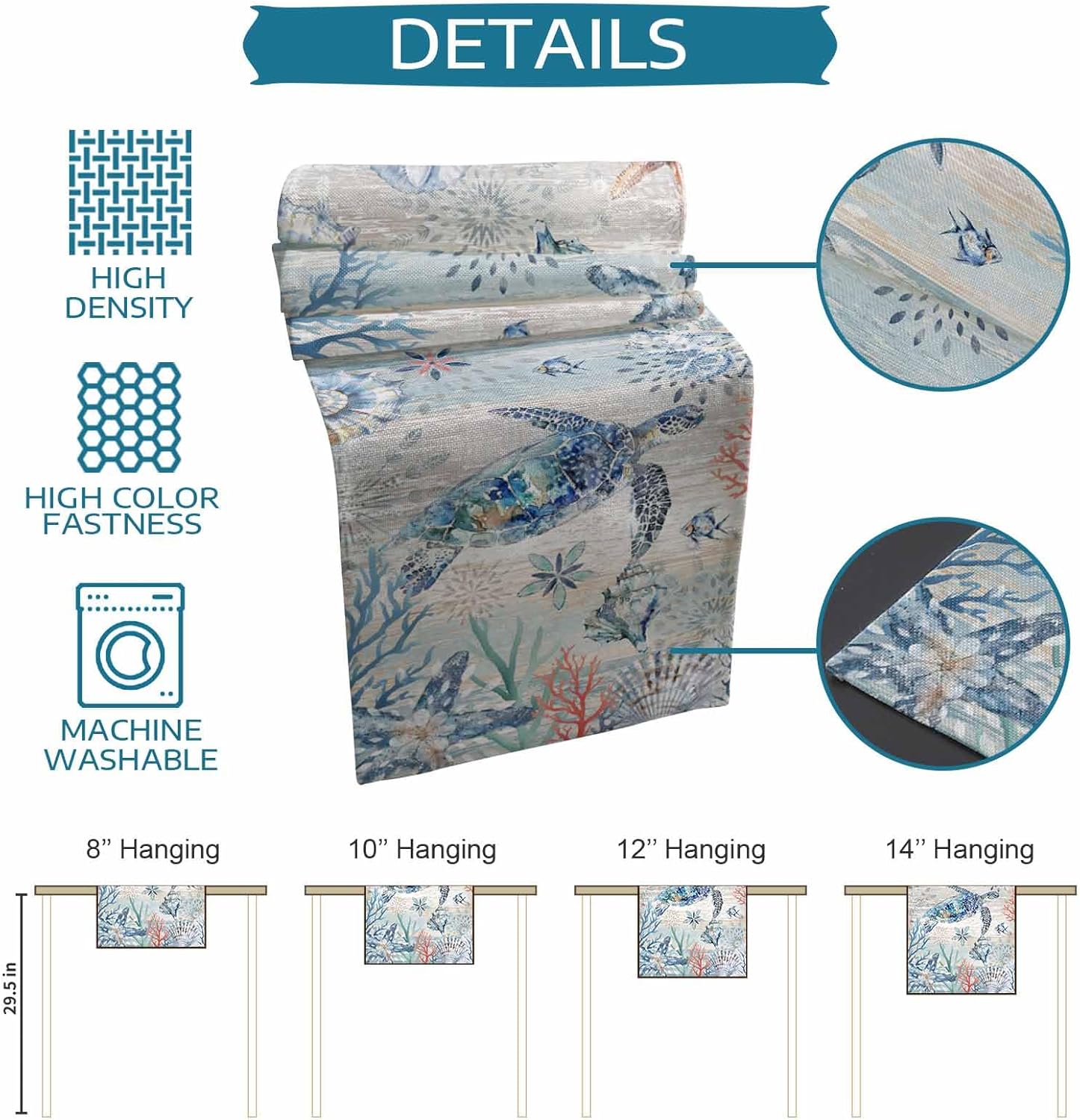 Coastal Sea Turtle Table Runner 90 Inches Long Farmhouse Dress Scarves, Nautical Summer Beach Starfish Coral Vintage Dining Tablerunner for Coffee Table/Kitchen Island/Party Décor, 13" x 90"