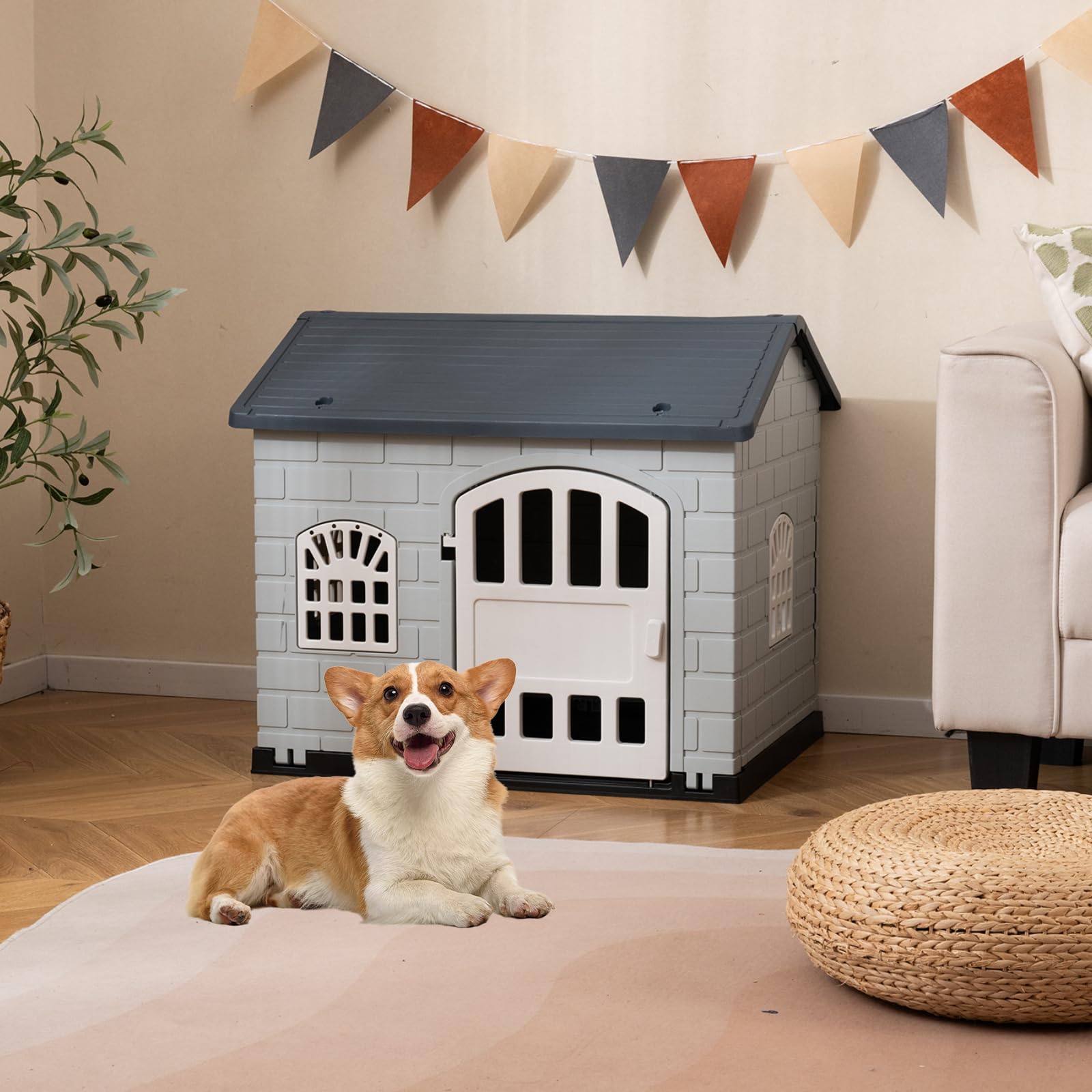 COSTWAY Cuccia per Cani da Esterno ed Interno, Casetta per Cani con Porta Bloccabile, 3 Finestre e Tetto Inclinato, Cucce in Plastica Impermeabile per Cagnolini Piccoli, 75 x 58 x 65 cm (Grigio)