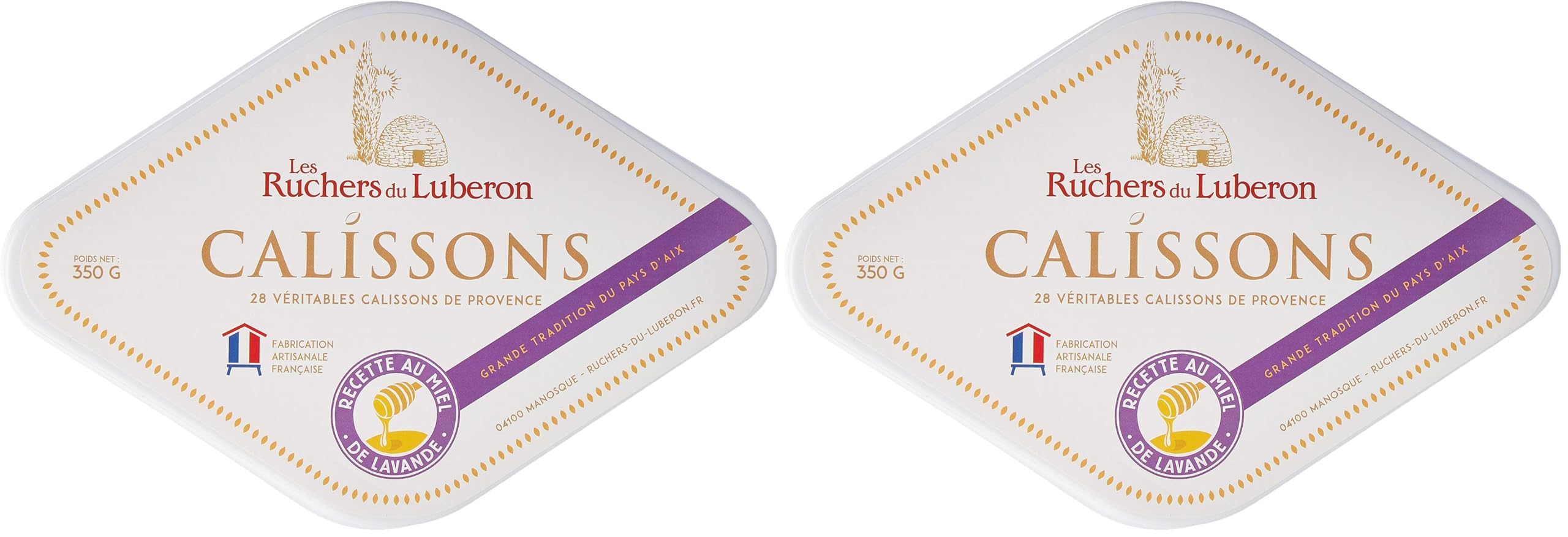 Les Ruchers du Luberon - Boite Losange Tradition 350 g de 28 Calissons d’Aix - Recette au Miel de Lavande de Provence (Lot de 2)