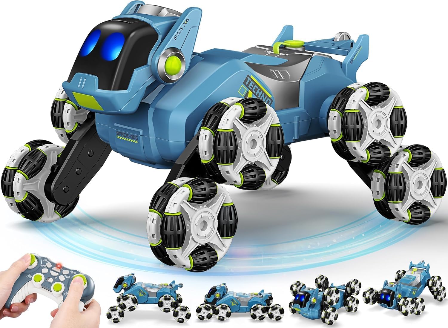 Samtop 8-Wheel Stunt RC Robot Dog | 2.4GHz Remote-Controlled Pet with Drift Wheels, 360° Rotation, LED Eyes & Smoke Effect | Interactive Robotic Toy for Kids Rechargeable RC Stunt Dog (Blue)