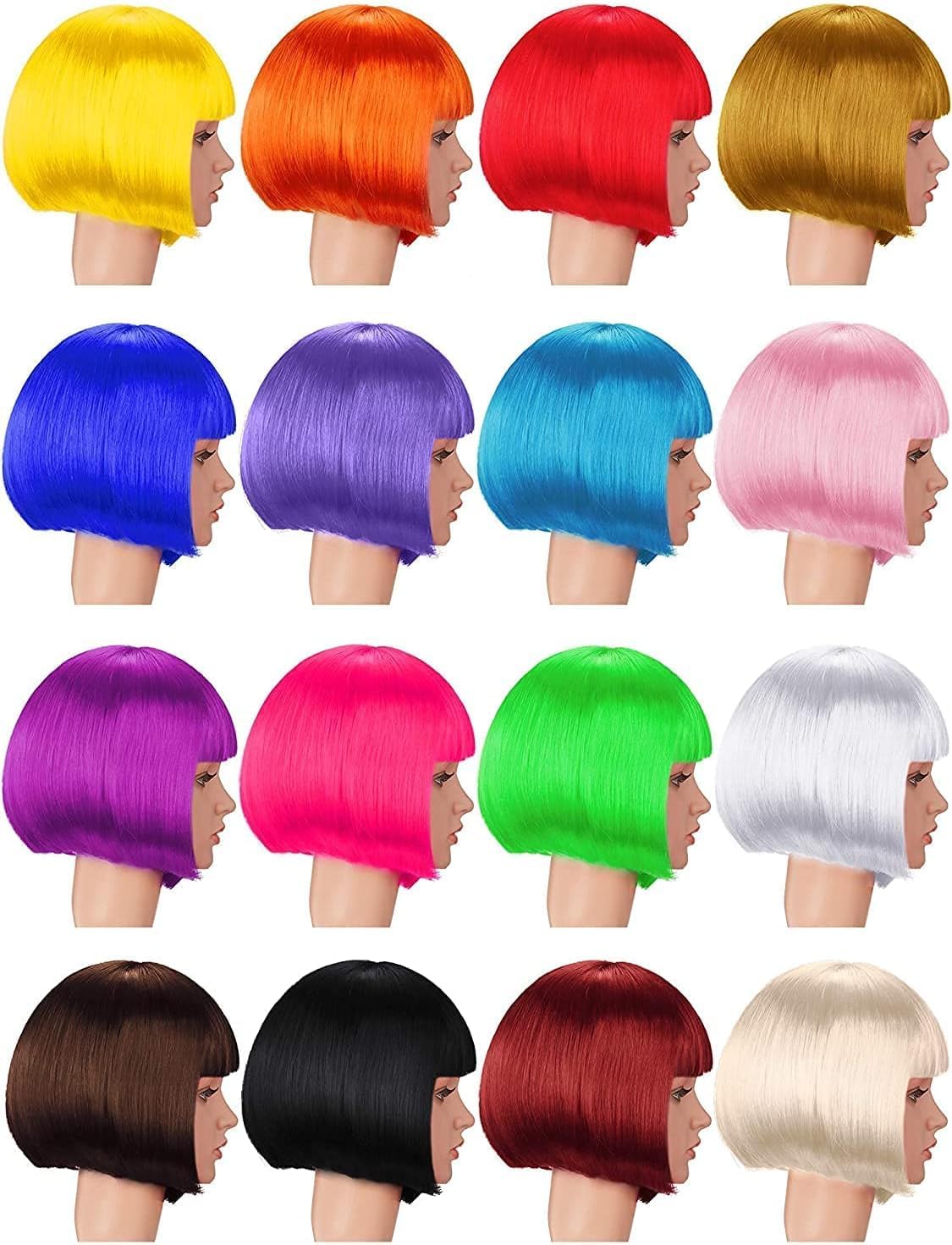 Lot de 16 perruques colorées à cheveux courts pour cosplay, carnaval, pour femme et fille, carnaval, fête, déguisement