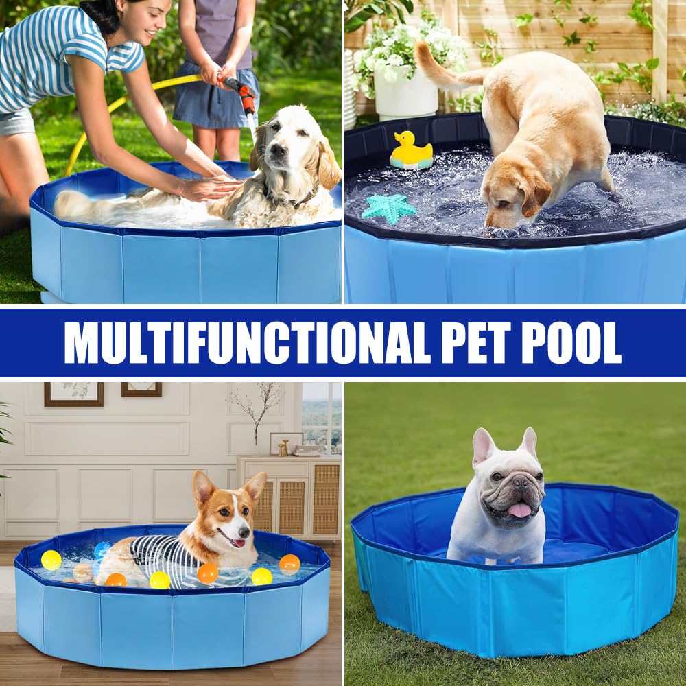 Piscina Plegable para Perros, 80 x 20 cm Piscina para Perros, Portátil Piscina para Perros Pequeños con Válvula de Drenaje, para Interior o Exterior Segura Antideslizante (Azul)