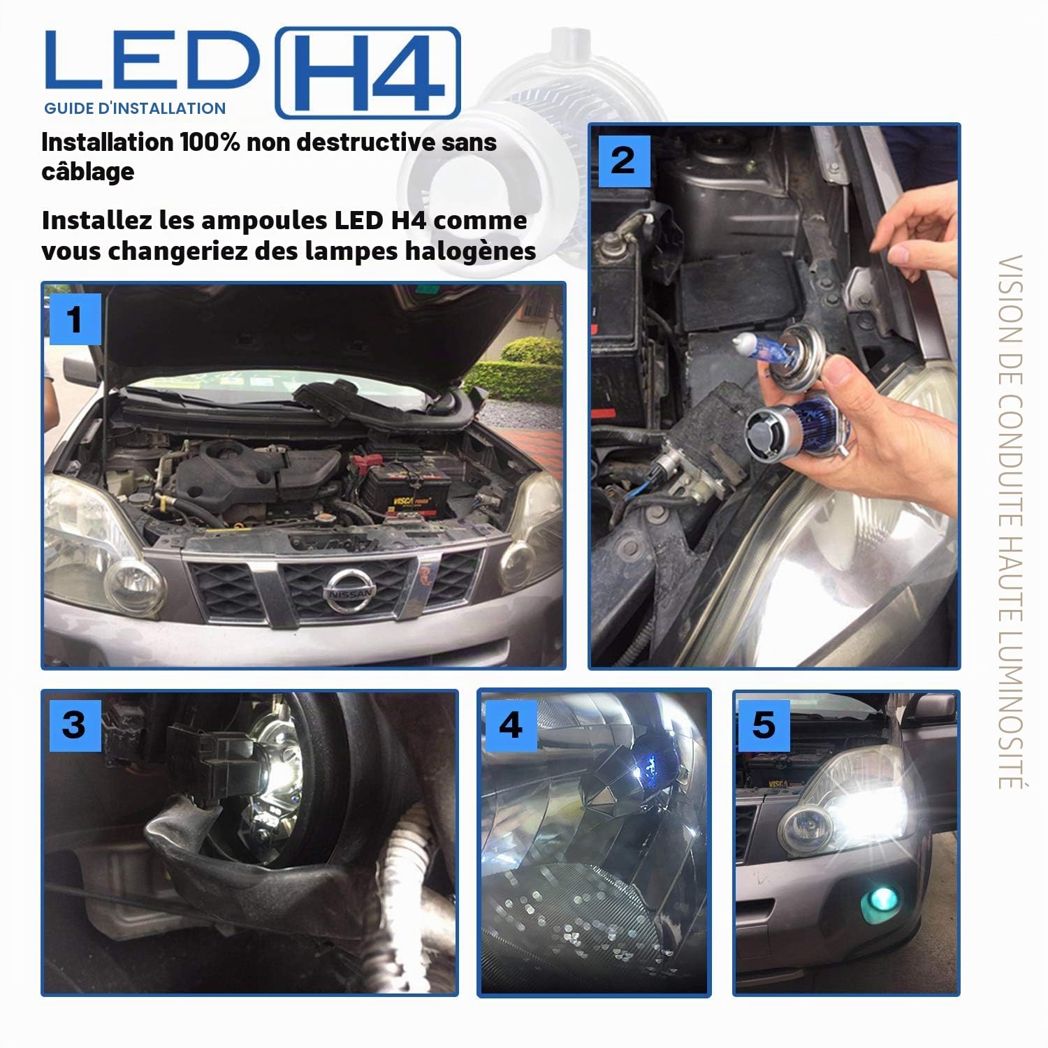 WinPower H4 HS1 LED Kit Conversion L'ampoule Phares Moto 30/30W 5500Lm 6000K Phare Feu de route/croisement Super Brillant Blanc 12V Moto/Auto, 1 Lampe